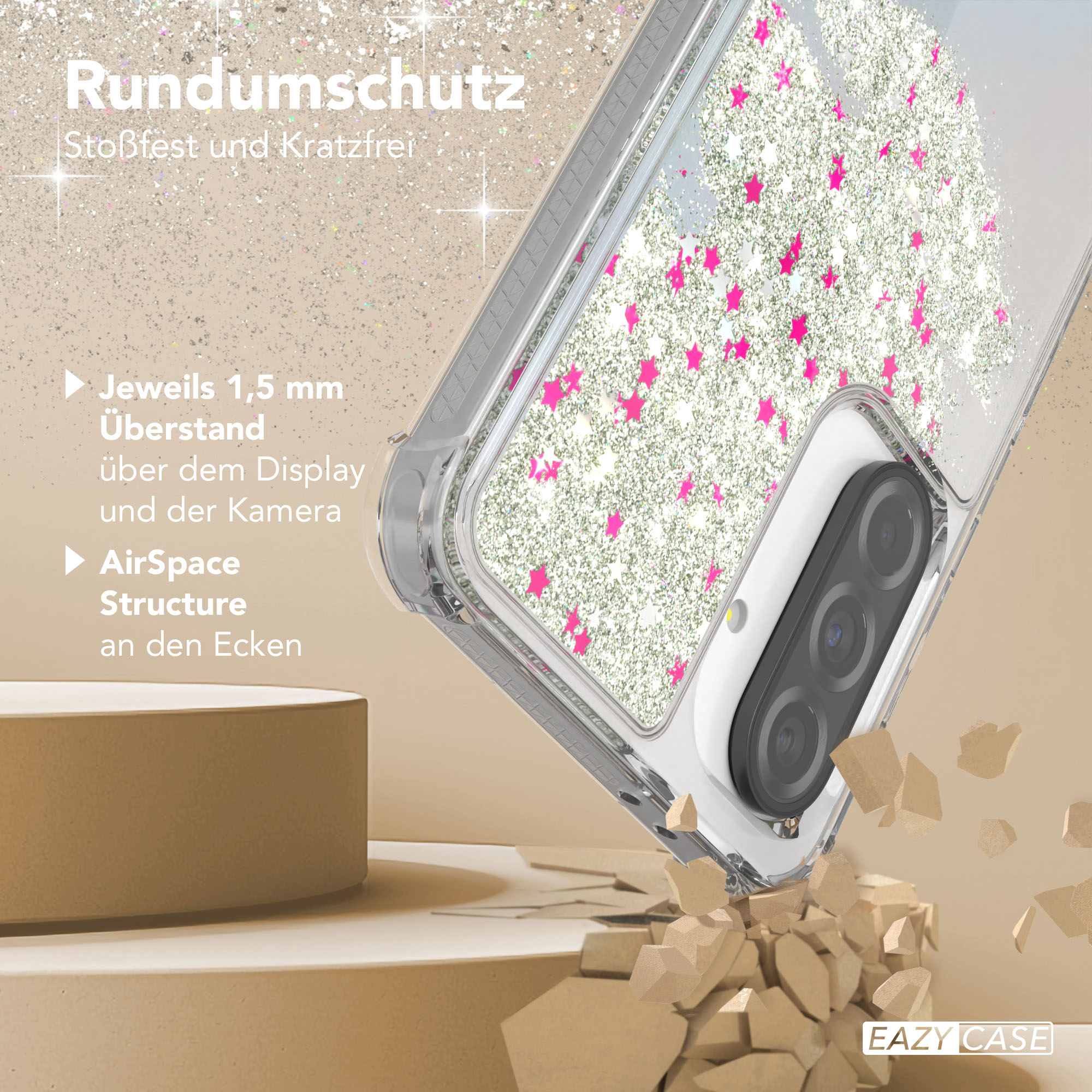 Glitzer-Telefonhülle mit rosa Sternen auf Podest. Klare Hülle mit Telefon im Inneren.