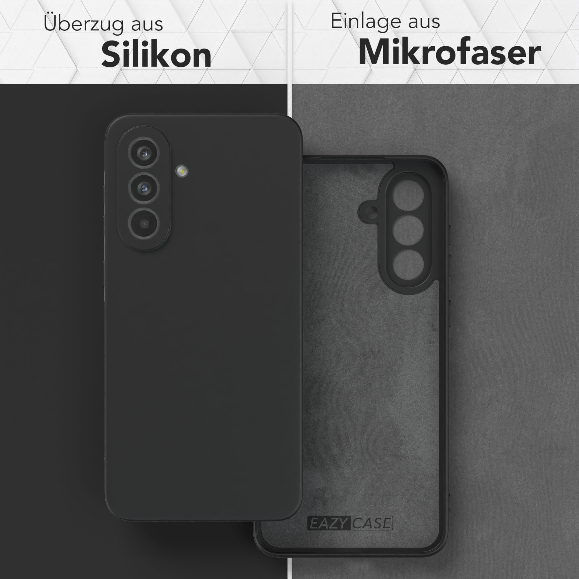 Eine schwarze Handyhülle mit einem schwarzen Telefon und einem Mikrofaser-Innenraum.