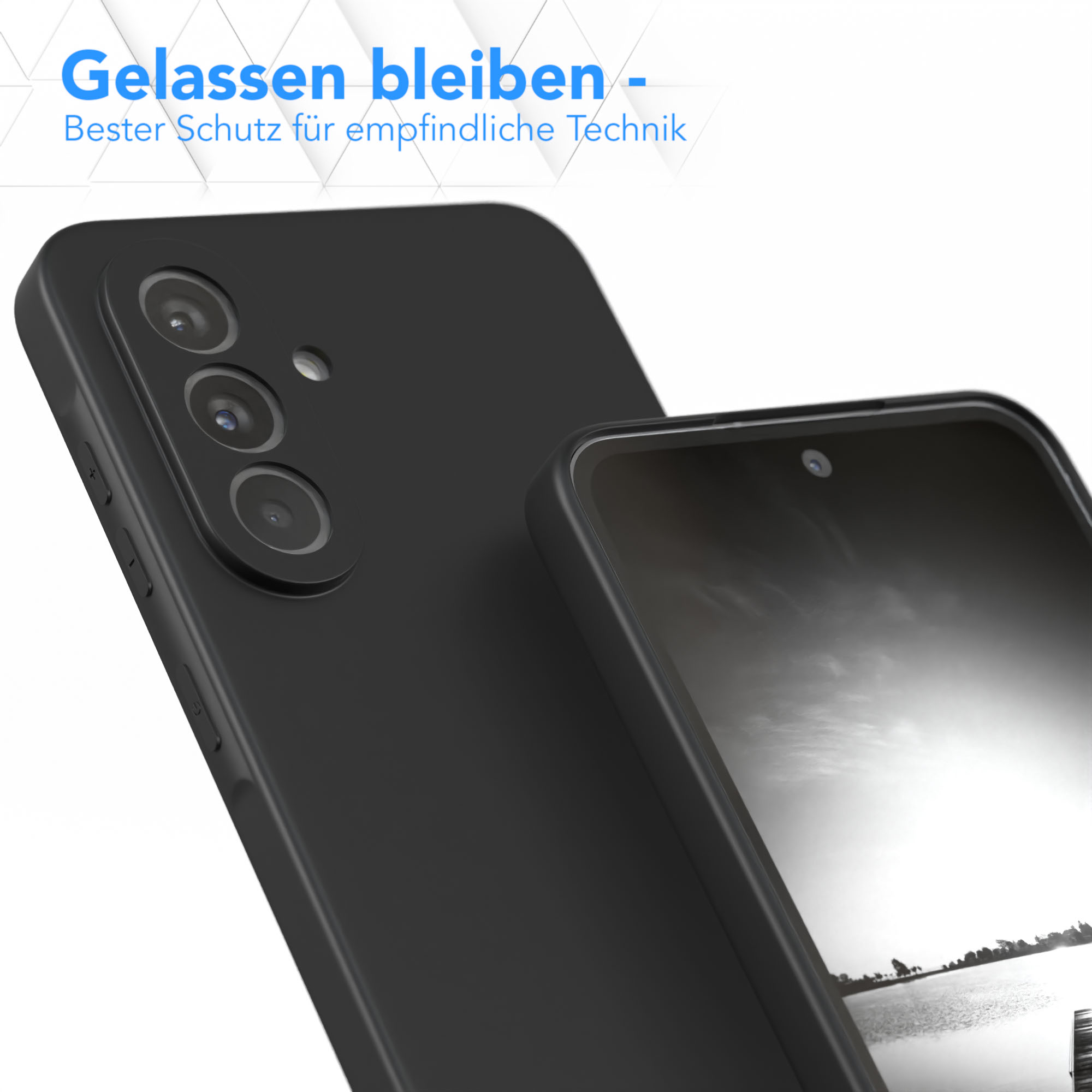 Schwarze Handyhülle Nahaufnahme. Text: Gelassen bleiben - Bester Schutz für empfindliche Technik.