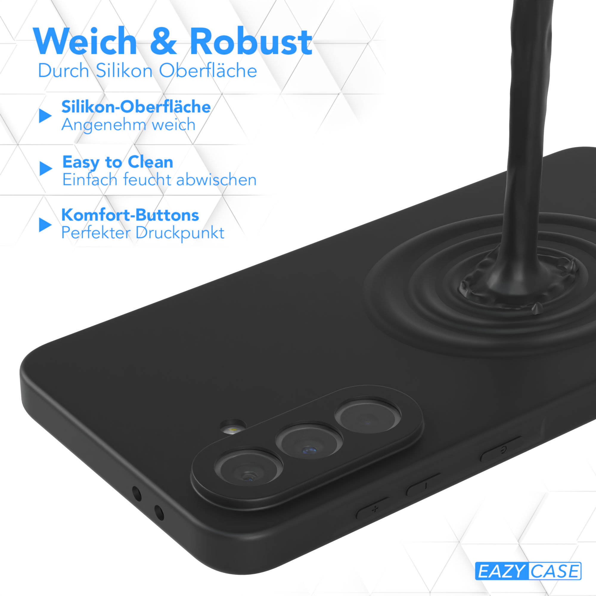 Schwarze Handyhülle mit Telefon. Text: 'Weich & Robust' und 'EAZY CASE' Logo.
