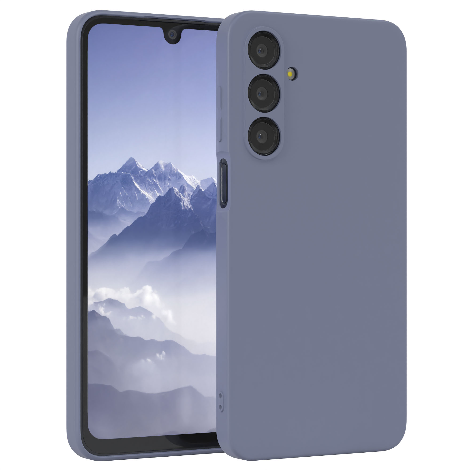 Ein blaues Telefon mit Kamera und Hülle, auf weißem Hintergrund.