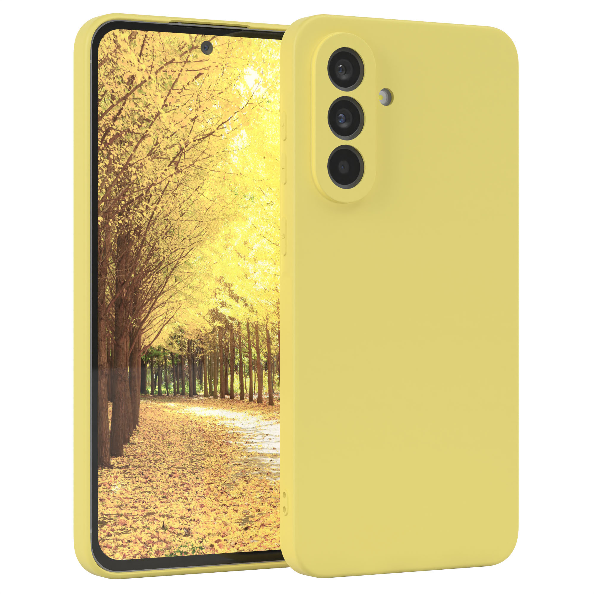 Gelbe Handyhülle auf einem Handy. Auf dem Handybildschirm wird eine Herbstlaubszene angezeigt.