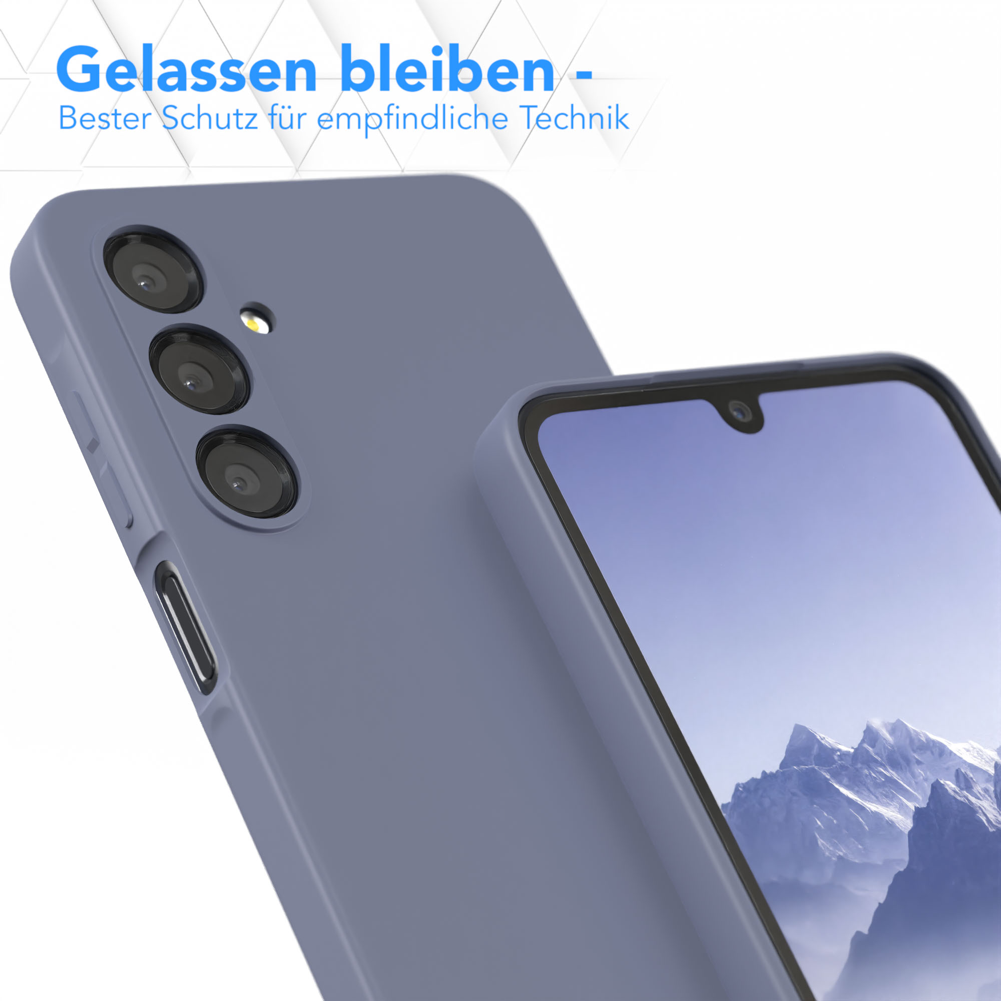 Handyhülle mit Telefon, hellviolett. Berge im Hintergrund, blauer Himmel.
