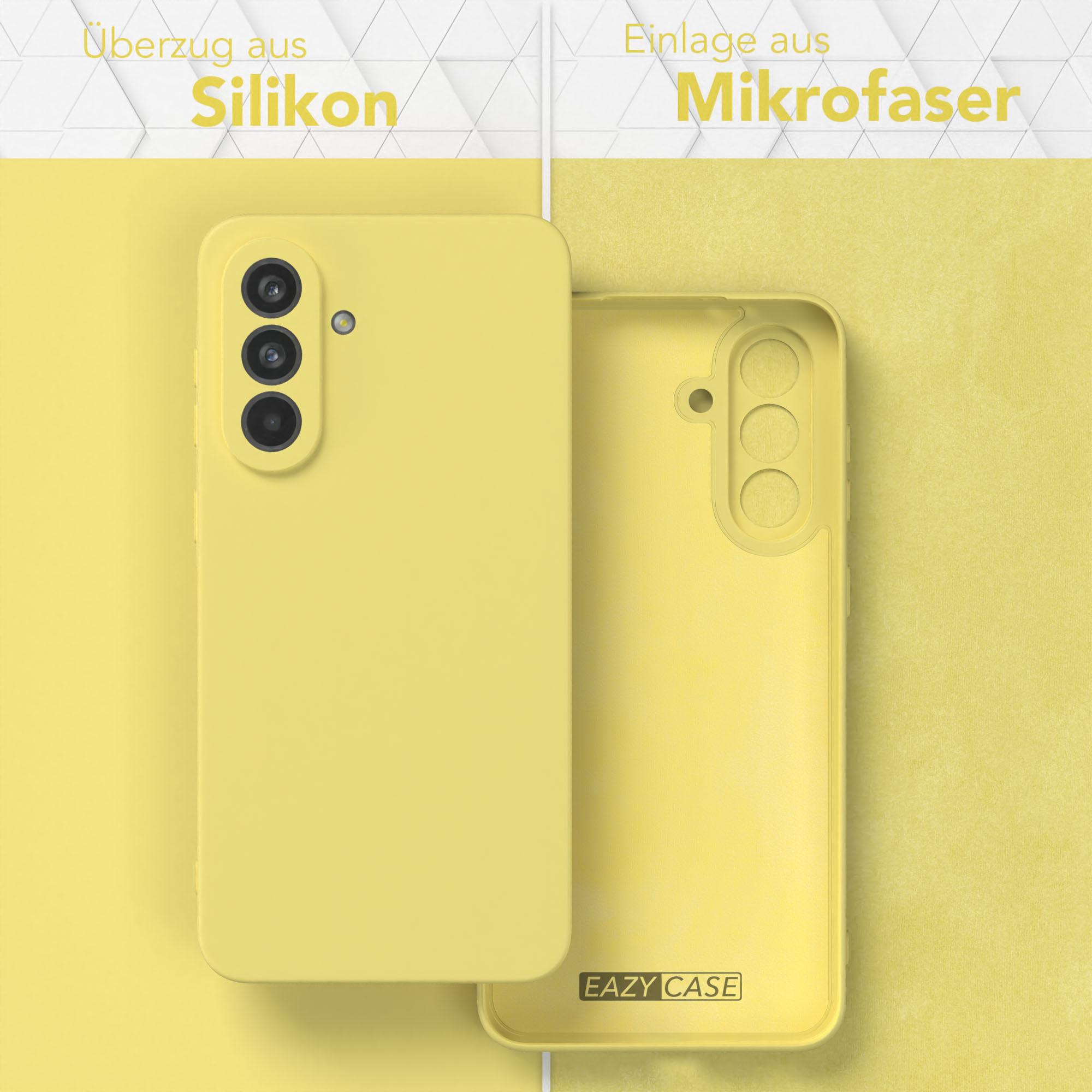 Gelbe Handyhülle mit Telefon im Inneren, zeigt Innen- und Außenseite. Text: 'Silikon'.