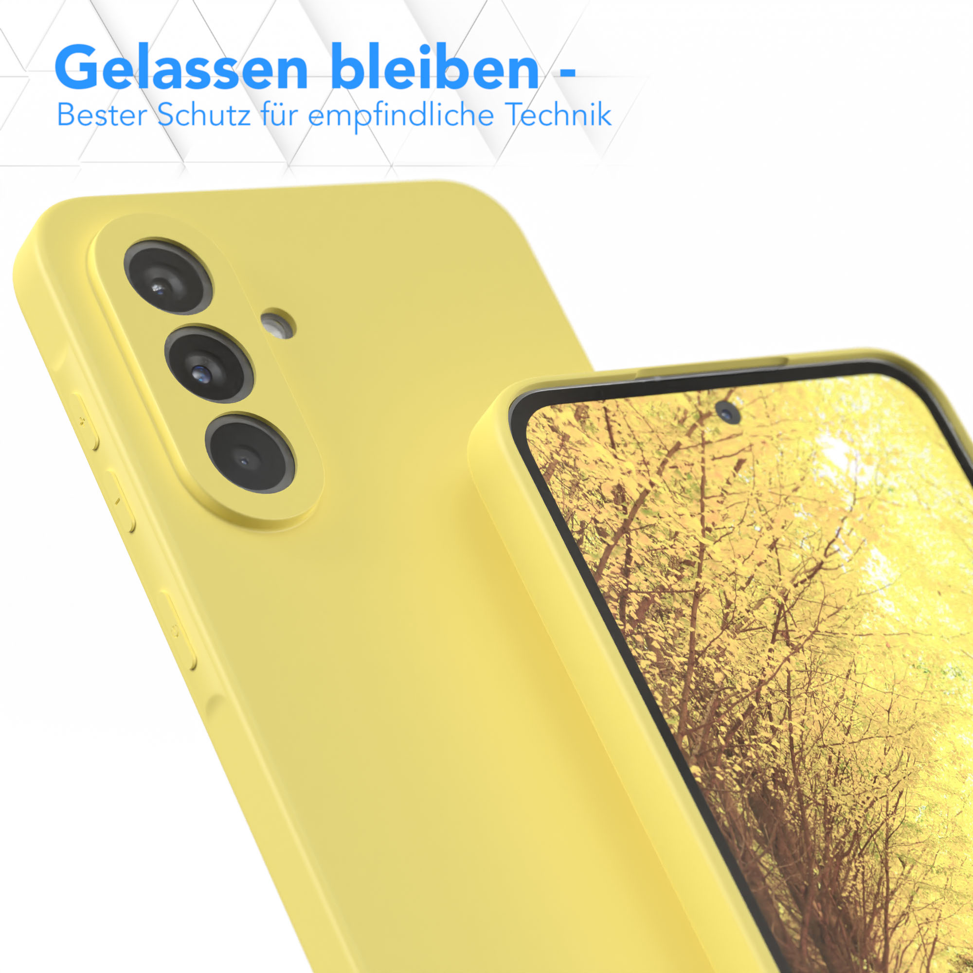 Gelbe Handyhülle auf einem Telefon, mit Text und einem Hintergrund von Bäumen.