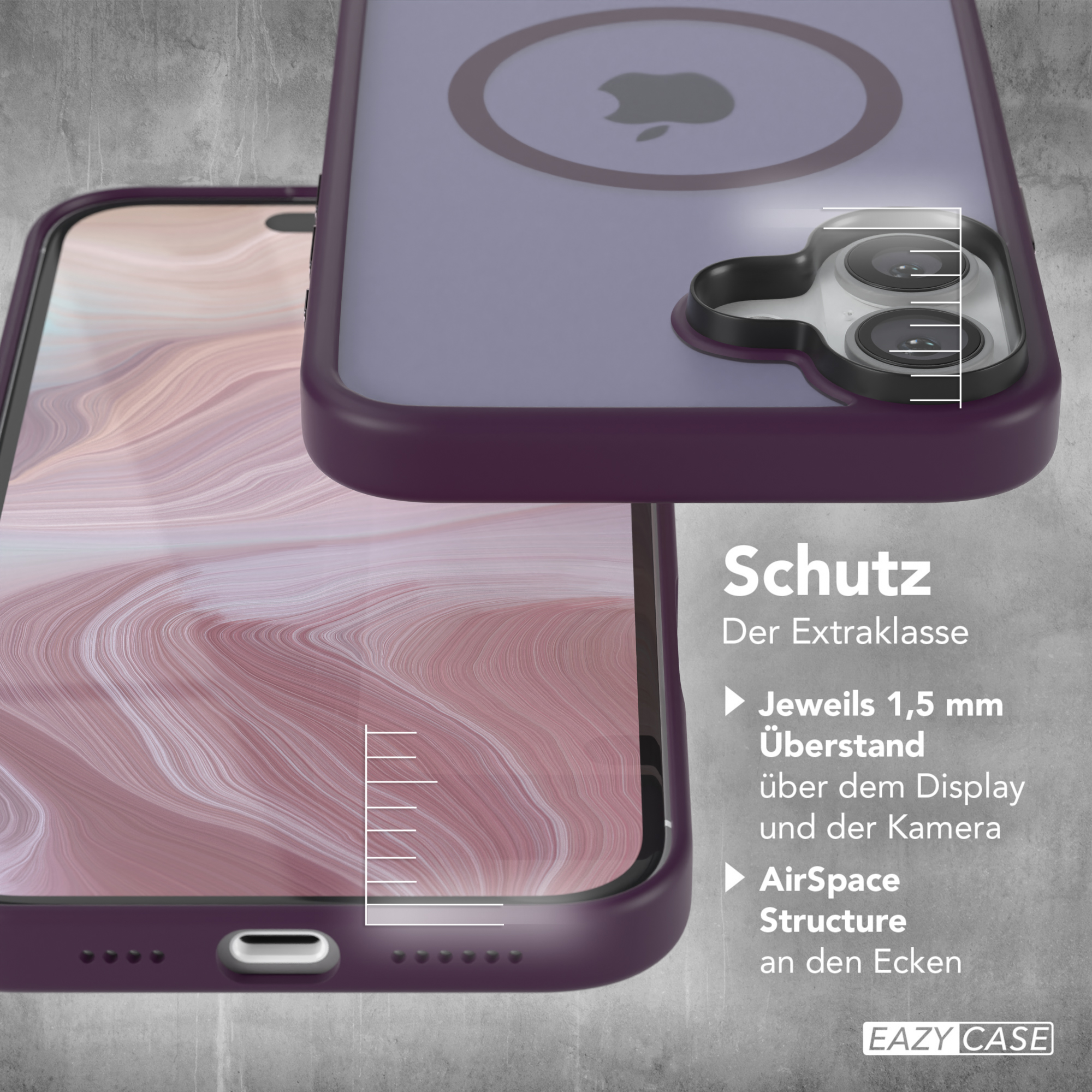 Lila Handyhülle mit Apple-Logo. Die Hülle befindet sich auf einem Telefon. Text zum Schutz ist sichtbar.