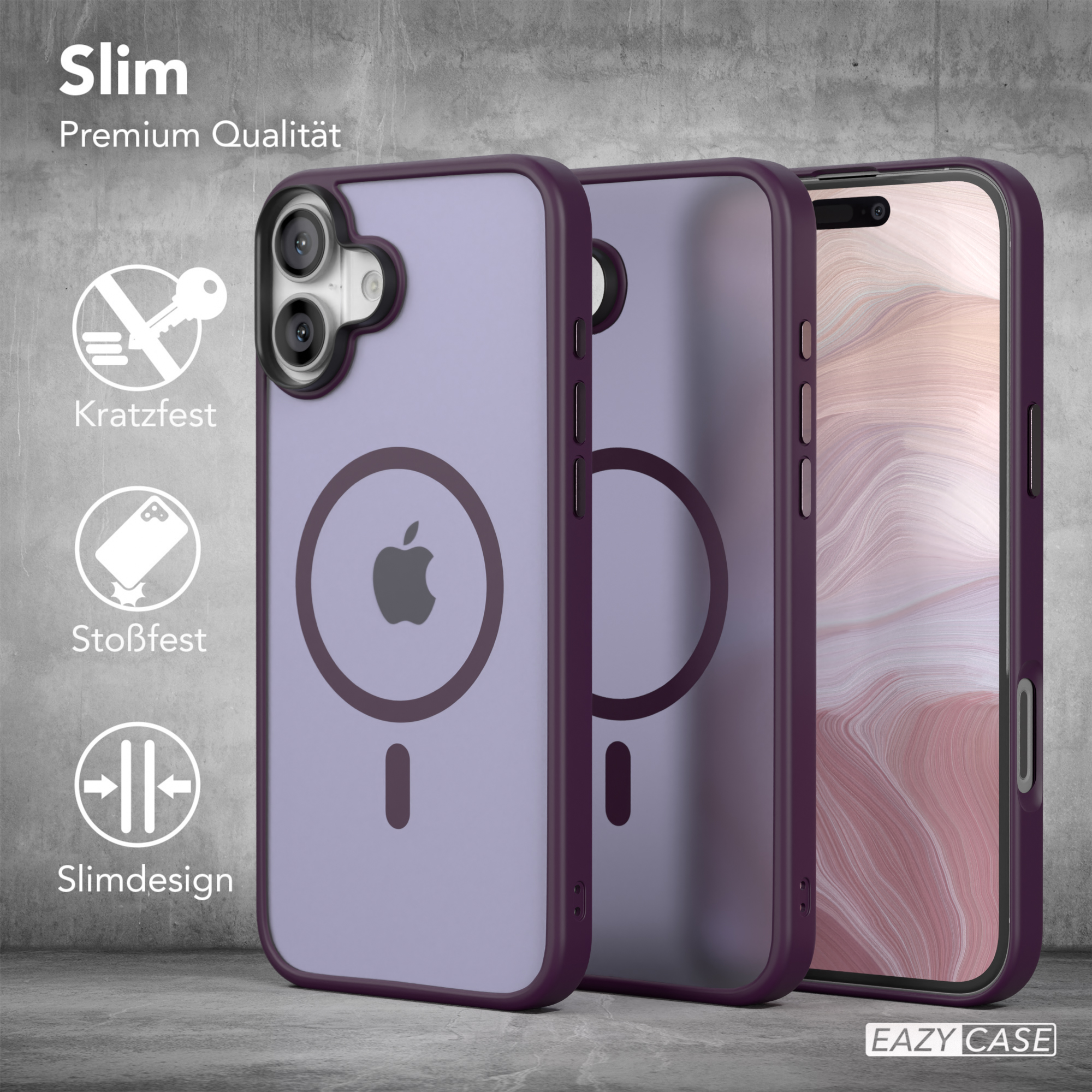 Drei lila Handyhüllen mit Apple-Logo und Telefon. Text auf der linken Seite.