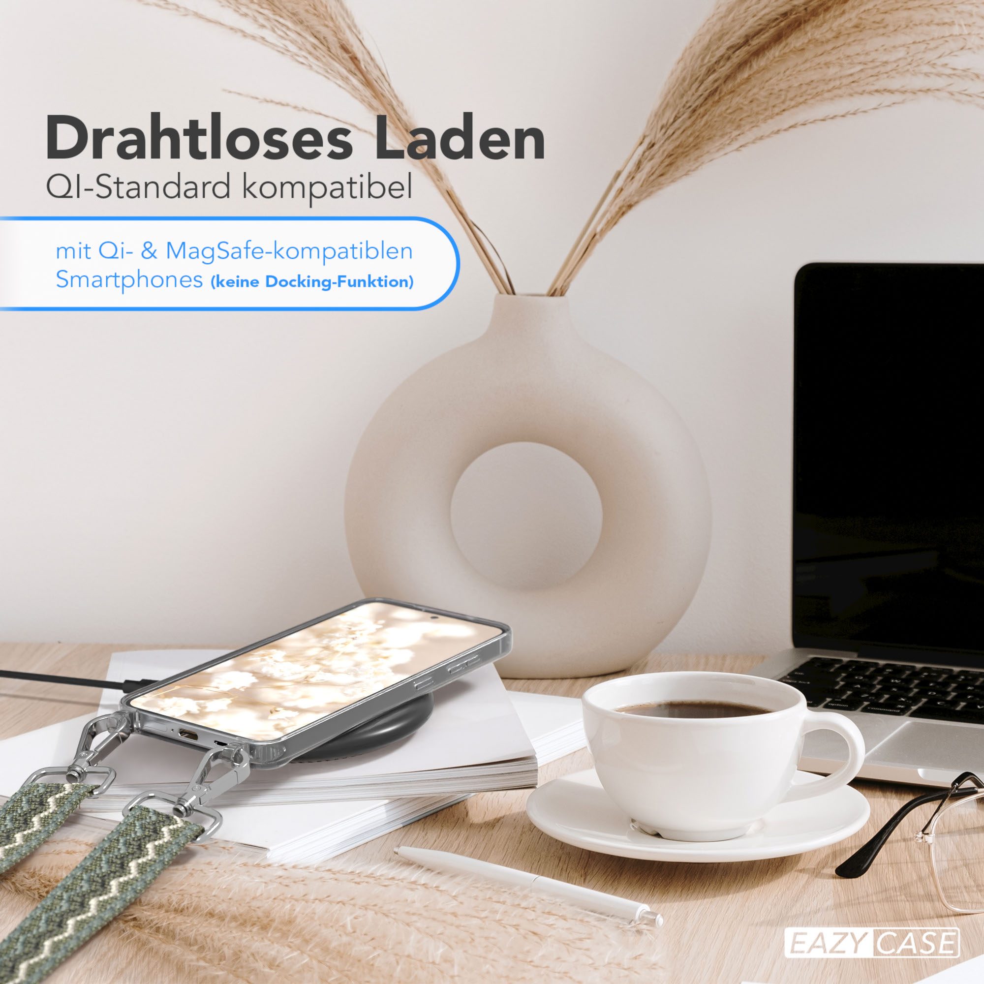 Telefon auf einer kabellosen Ladestation mit einer Kaffeetasse und einer Vase mit Pflanzen. Text: Wireless Charging.