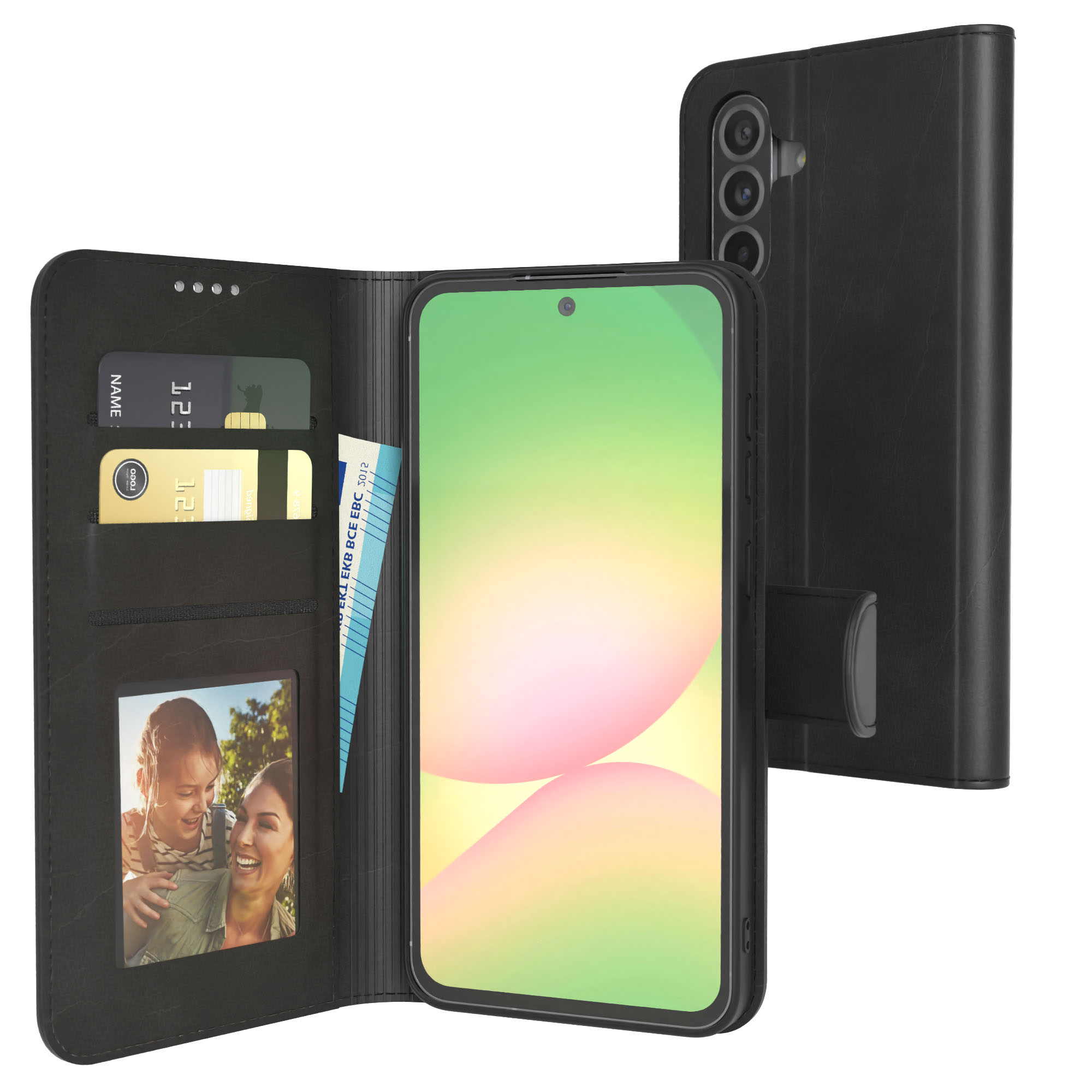 Schwarze Handyhülle mit Telefon und Karten darin.