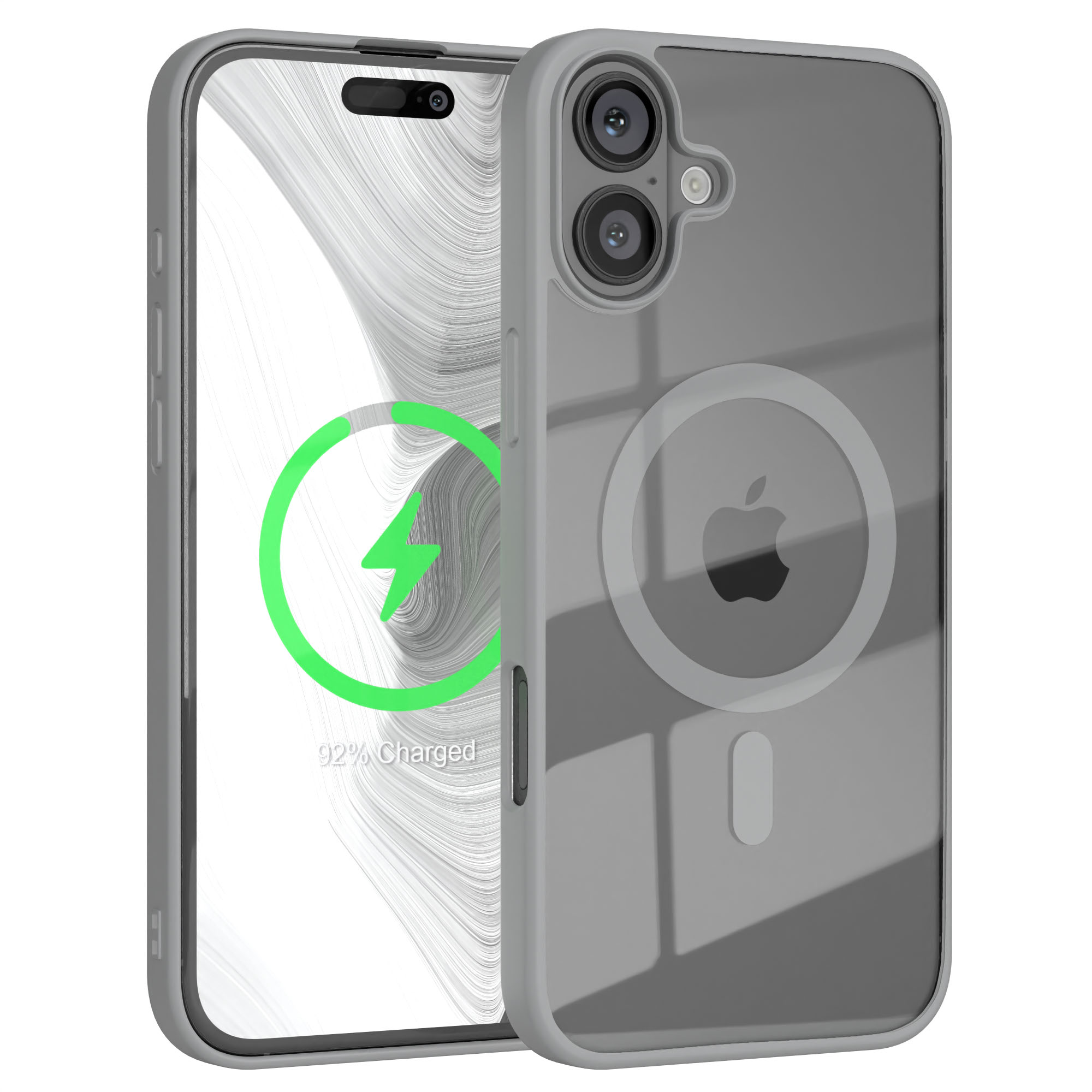 Graues iPhone in Hülle. Die Hülle hat eine durchsichtige Rückseite, die ein Ladesymbol zeigt. Der Bildschirm zeigt 92% geladen.