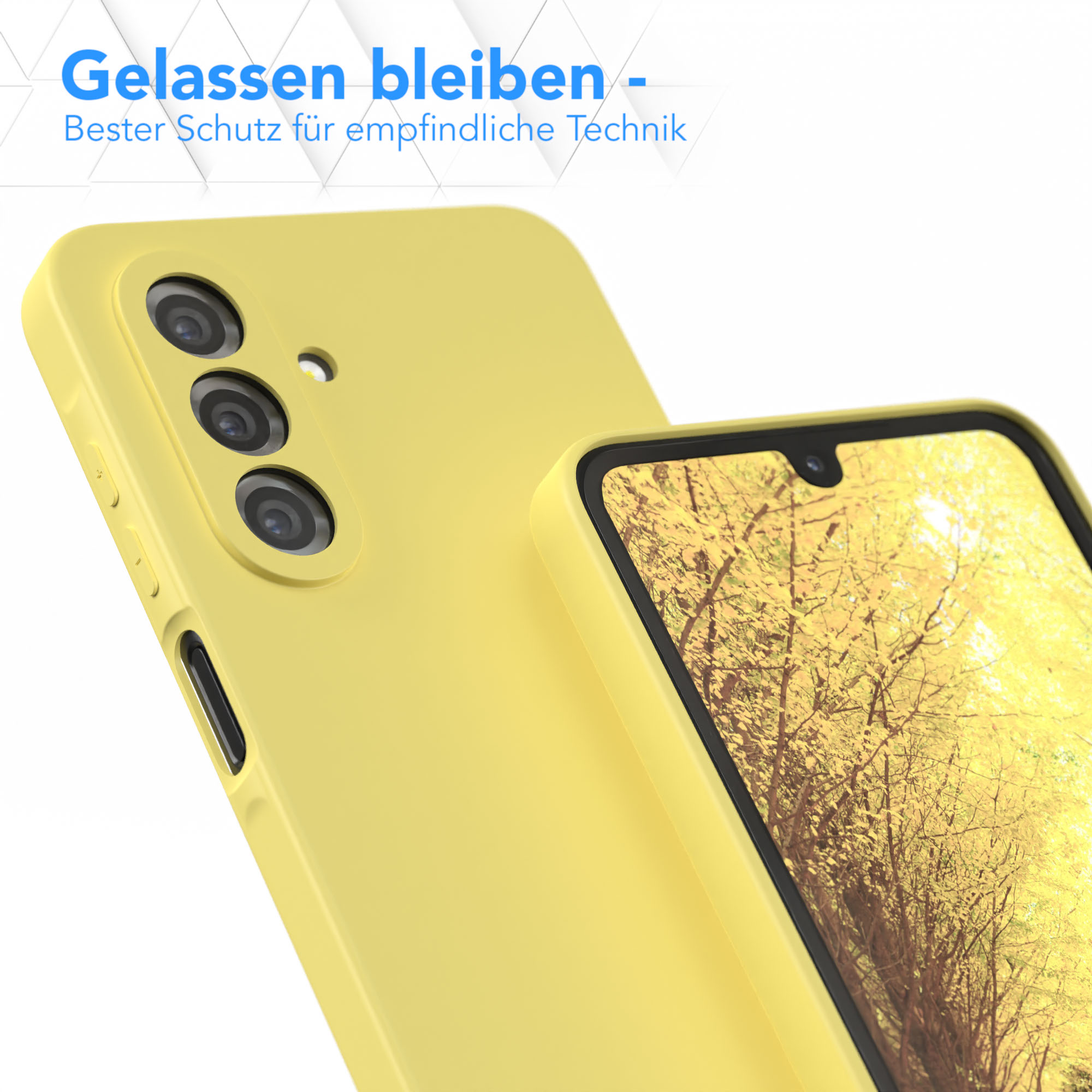 Gelbe Handyhülle mit einem Telefon darin. Das Telefon ist zur Kamera geneigt.