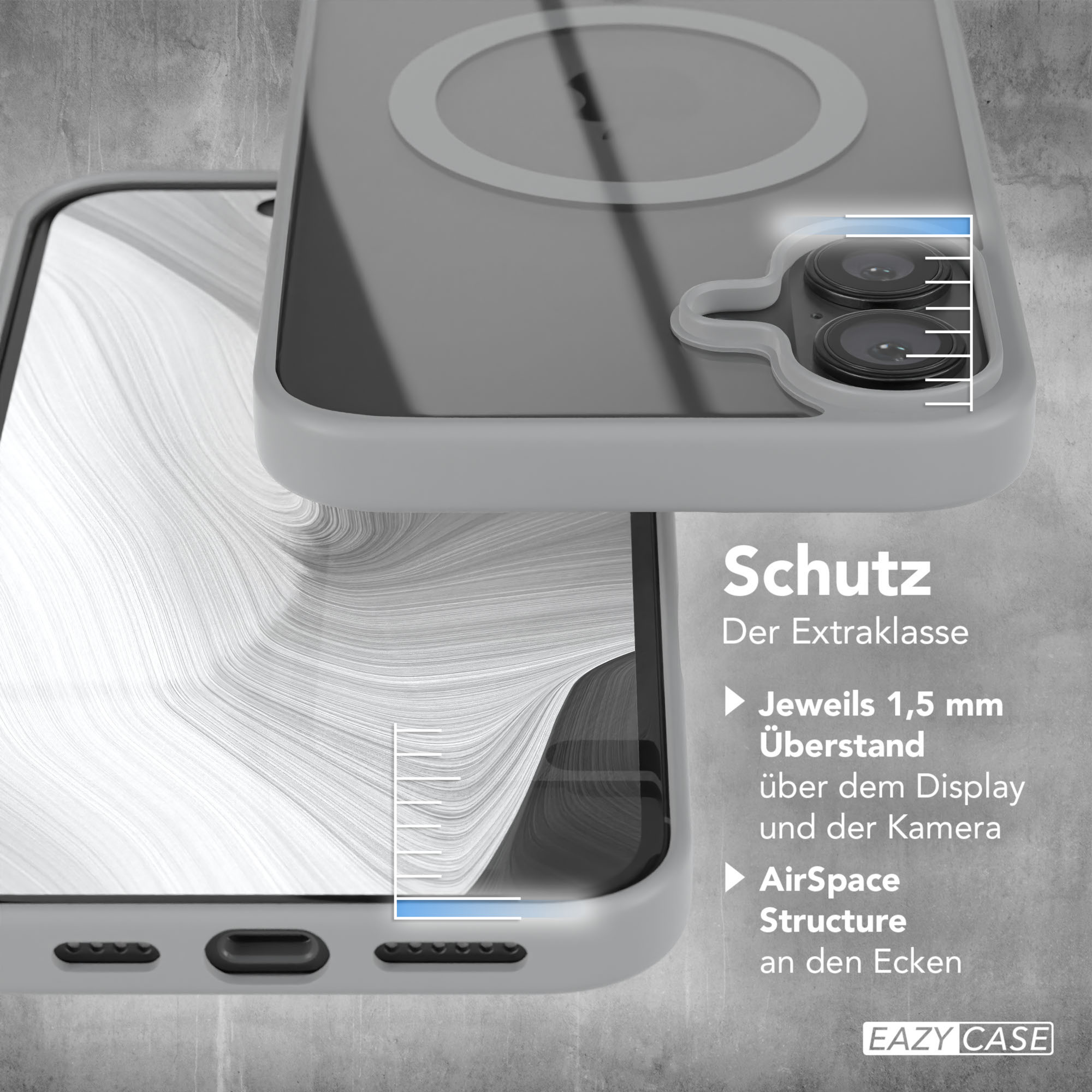 Nahaufnahme einer grauen Handyhülle mit Telefon, zeigt Schutzdetails.