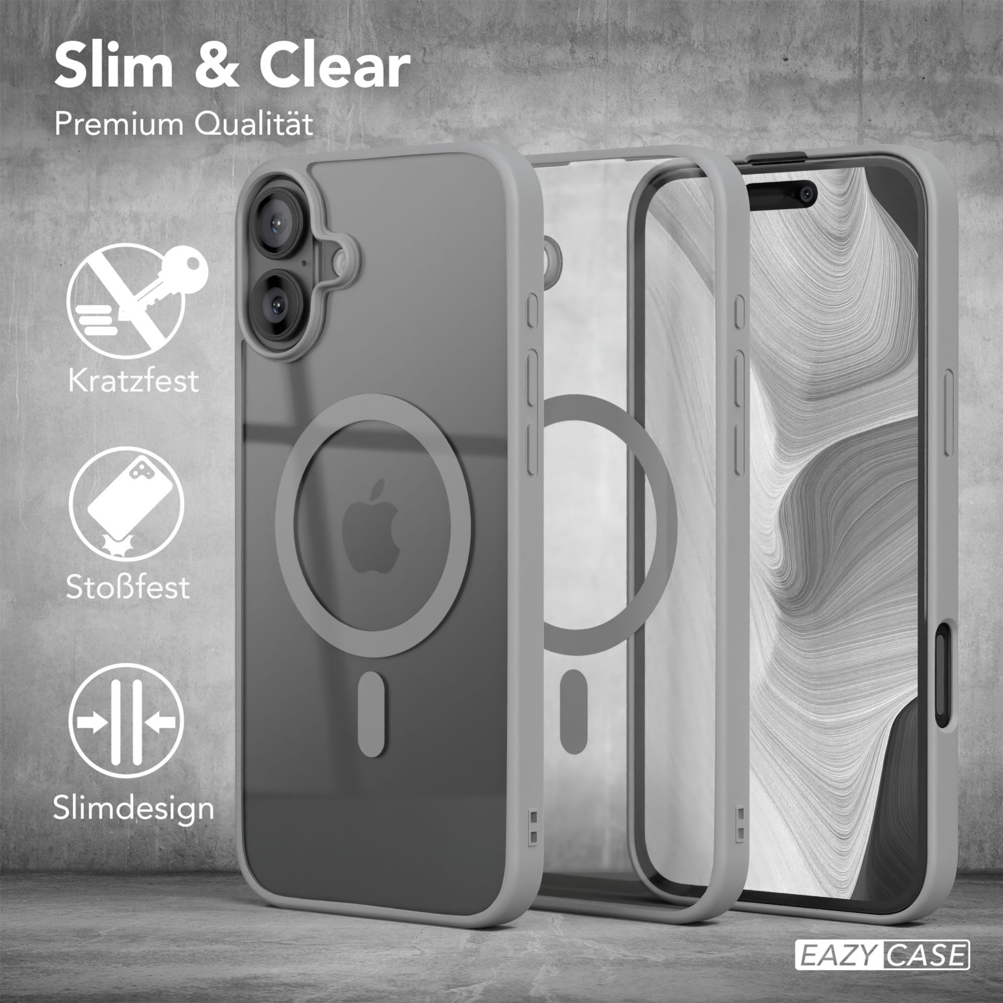 Transparente Handyhülle mit schwarzem Umriss, Telefon innen und Details links.