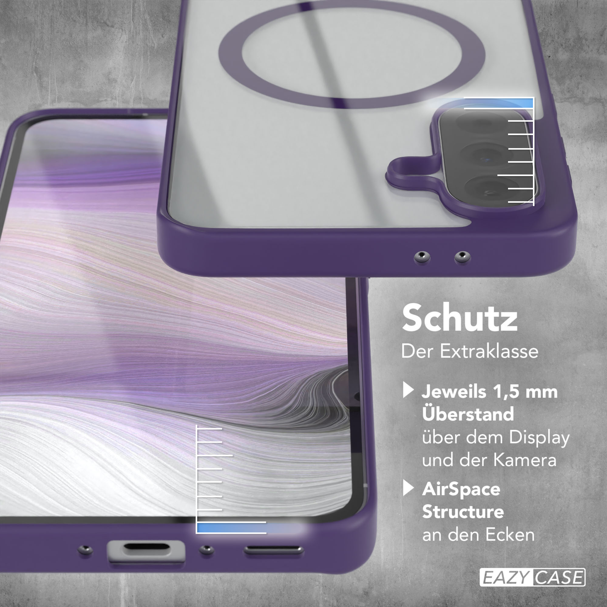 Lila Handyhülle, die ein Telefon zeigt. Auf der Hülle steht „Schutz“ und „EAZY CASE“.