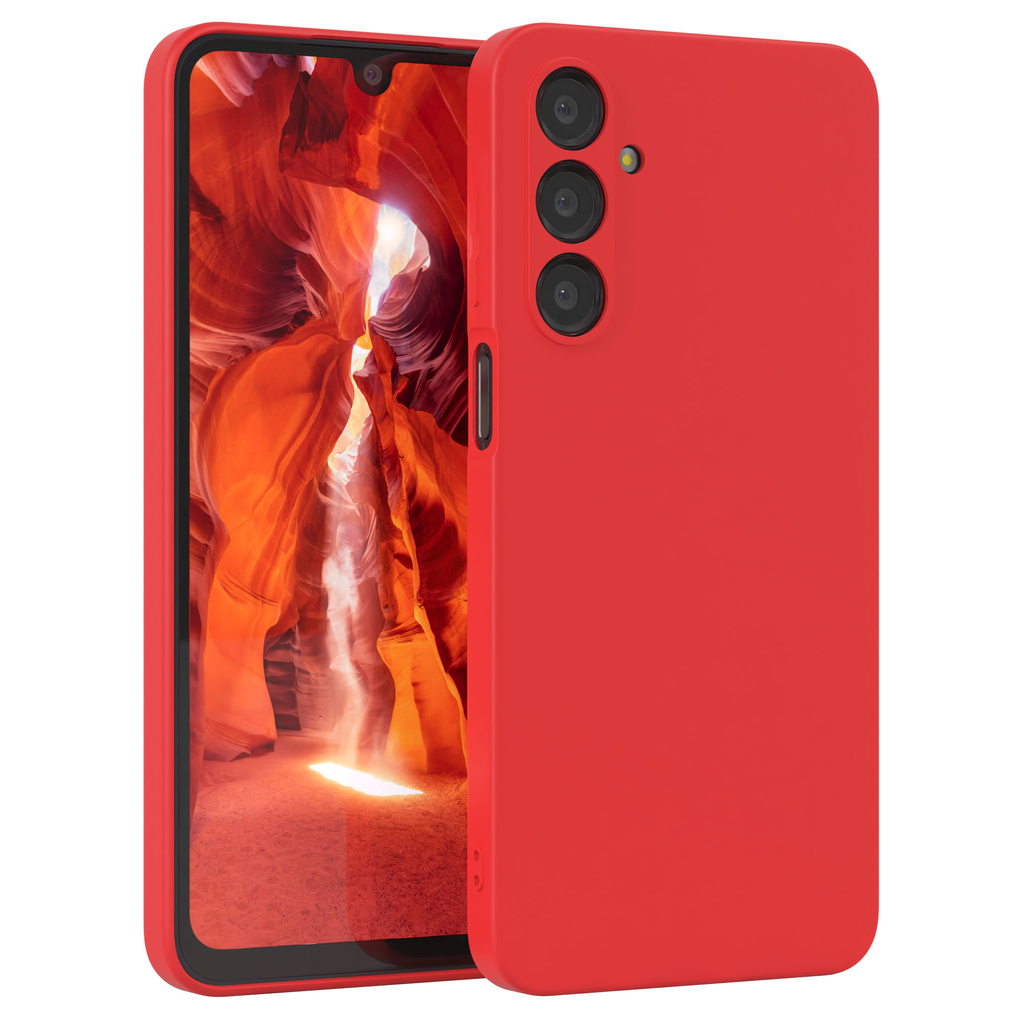 Rote Handyhülle auf weißem Hintergrund. Die Hülle bedeckt ein rotes Telefon und zeigt die Kameralinse.