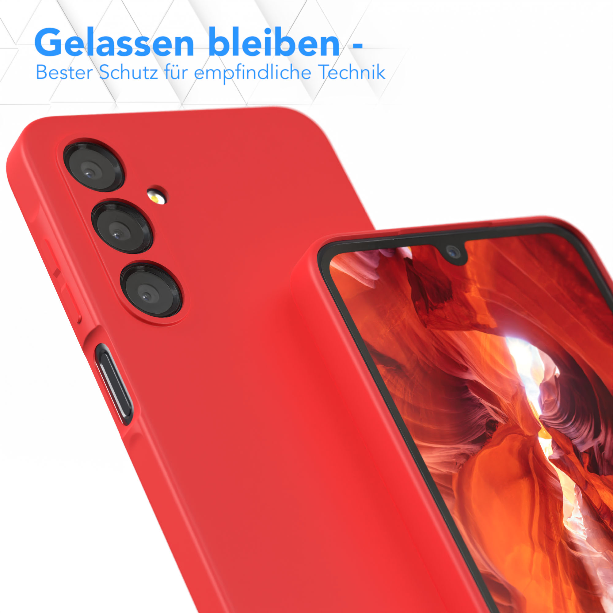 Rote Handyhülle mit einem Handy darin, mit verschwommenem Hintergrund.
