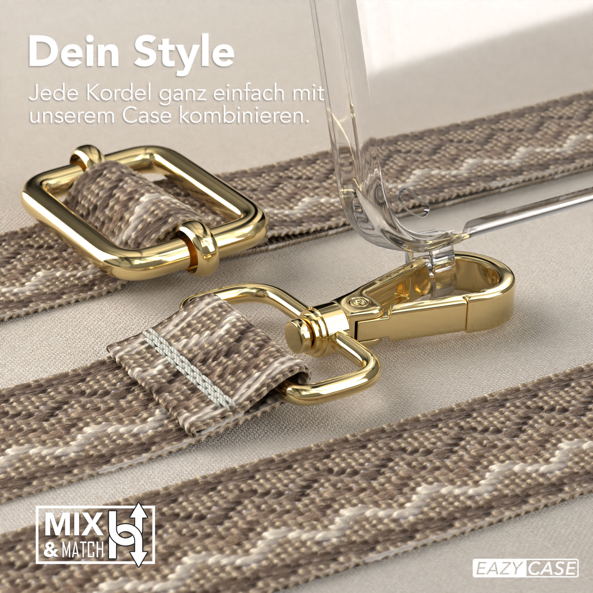 Handyhülle mit goldenem Verschluss und Riemen. Der Text lautet 'Mxl & Match'.