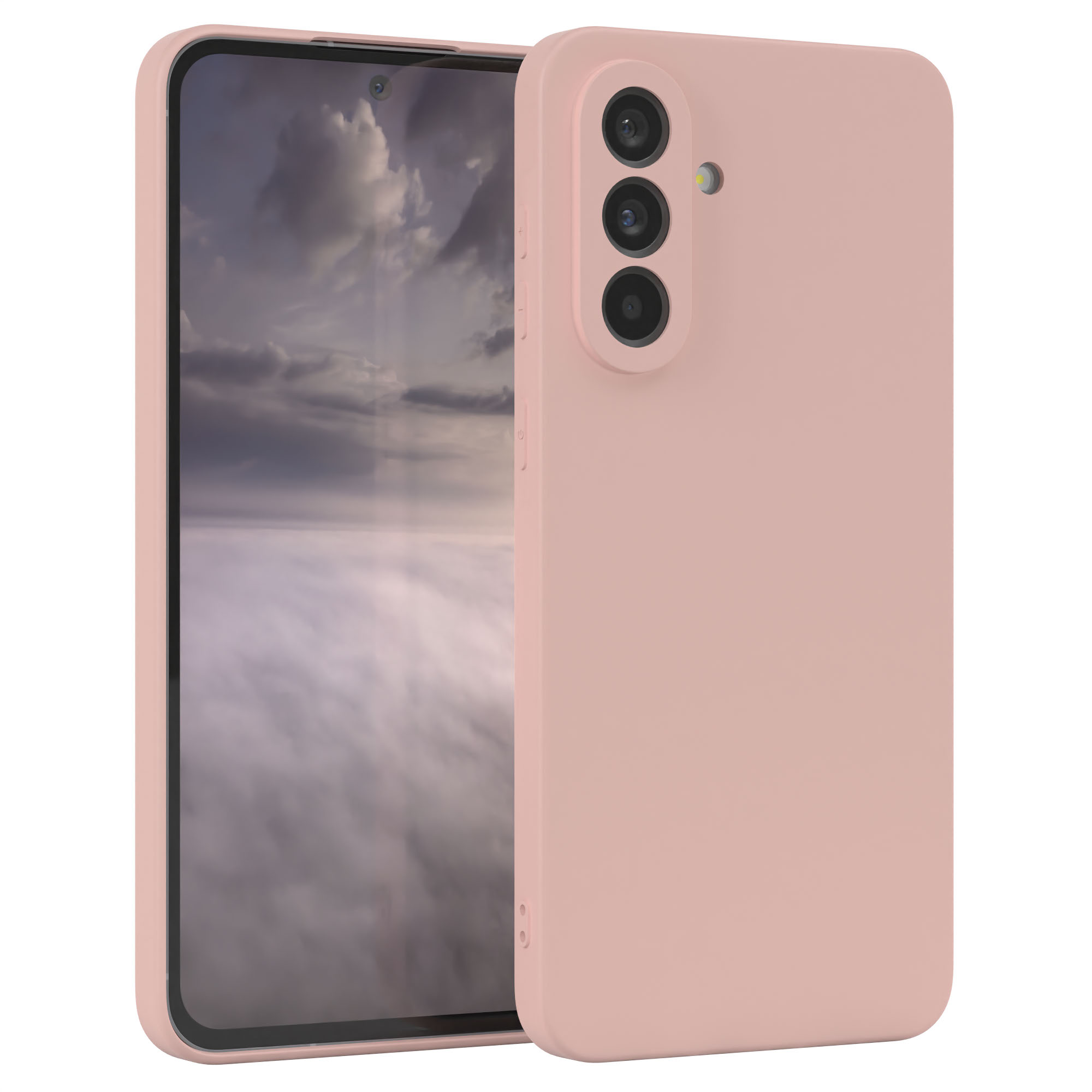 Rosa Handyhülle mit Telefon. Das Telefon zeigt einen bewölkten Himmel. Drei Kameras hinten.