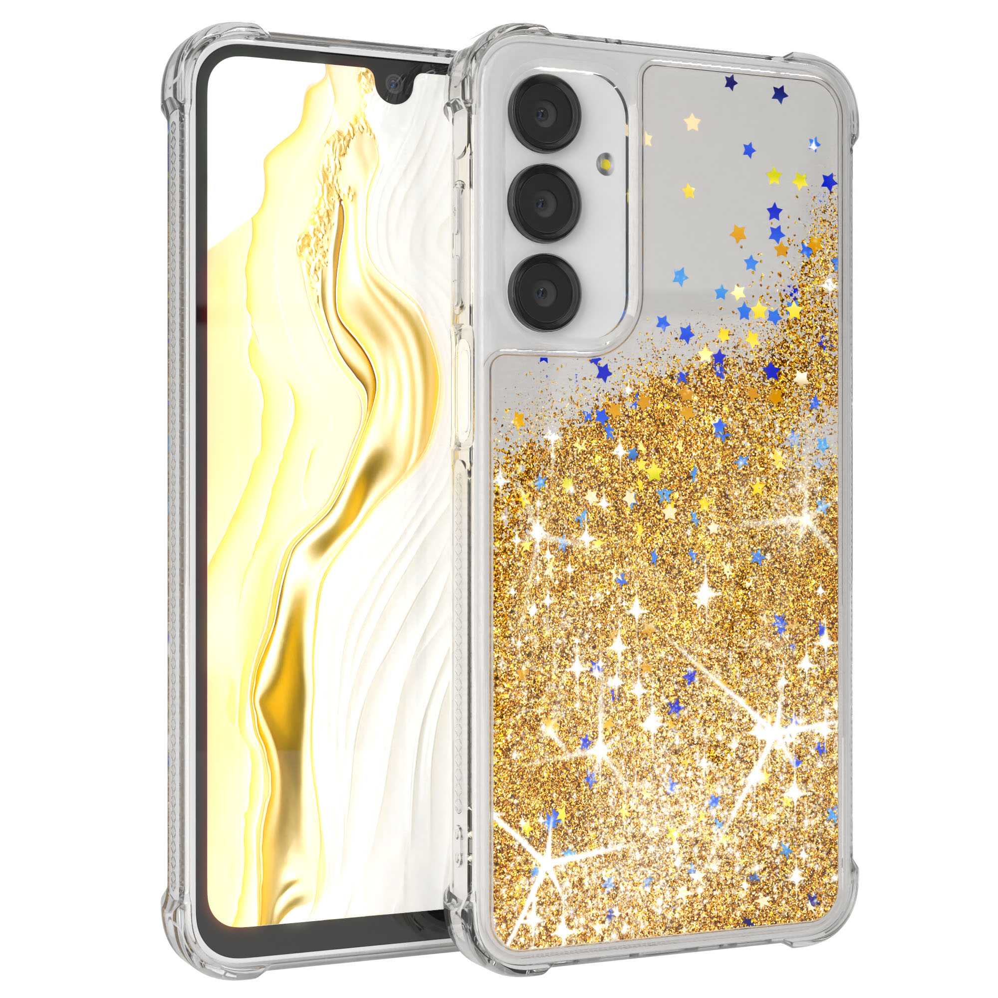 Transparente Glitzer-Handyhülle mit Goldglitzer und blau-gelben Sternen, die ein Handy mit Display bedeckt.