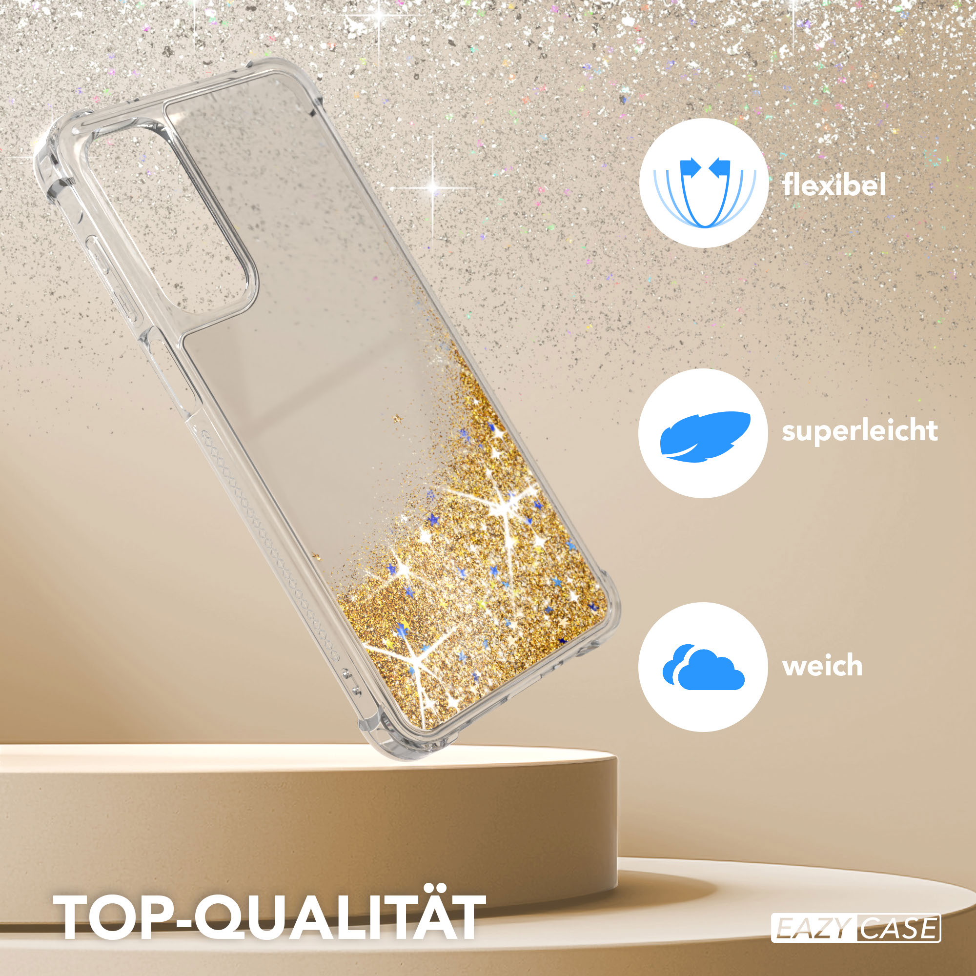Transparente Handyhülle mit goldfarbener Glitzerflüssigkeit. Die Hülle steht auf einem Ständer mit hellbeigem Hintergrund.