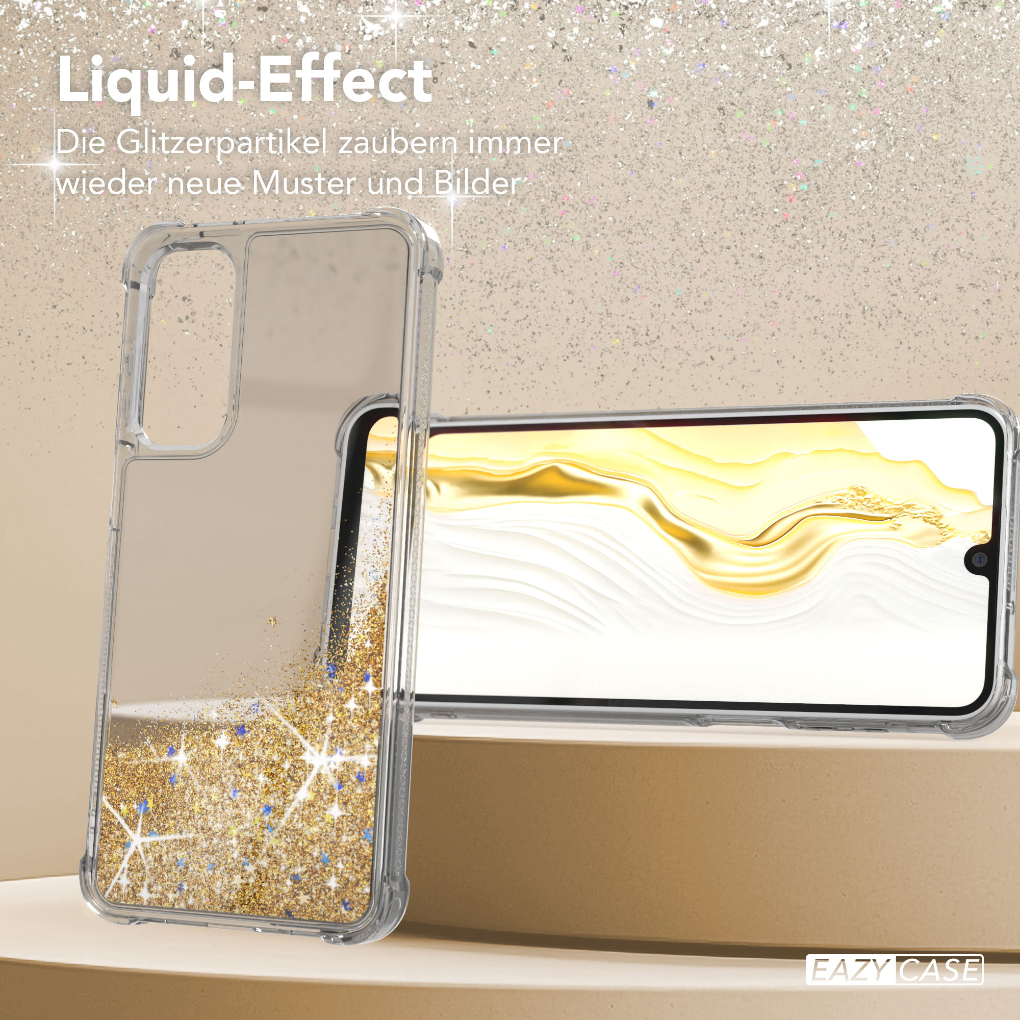 Transparente Handyhülle mit goldenen Glitzerpartikeln. Telefon innen, sichtbarer Bildschirm.