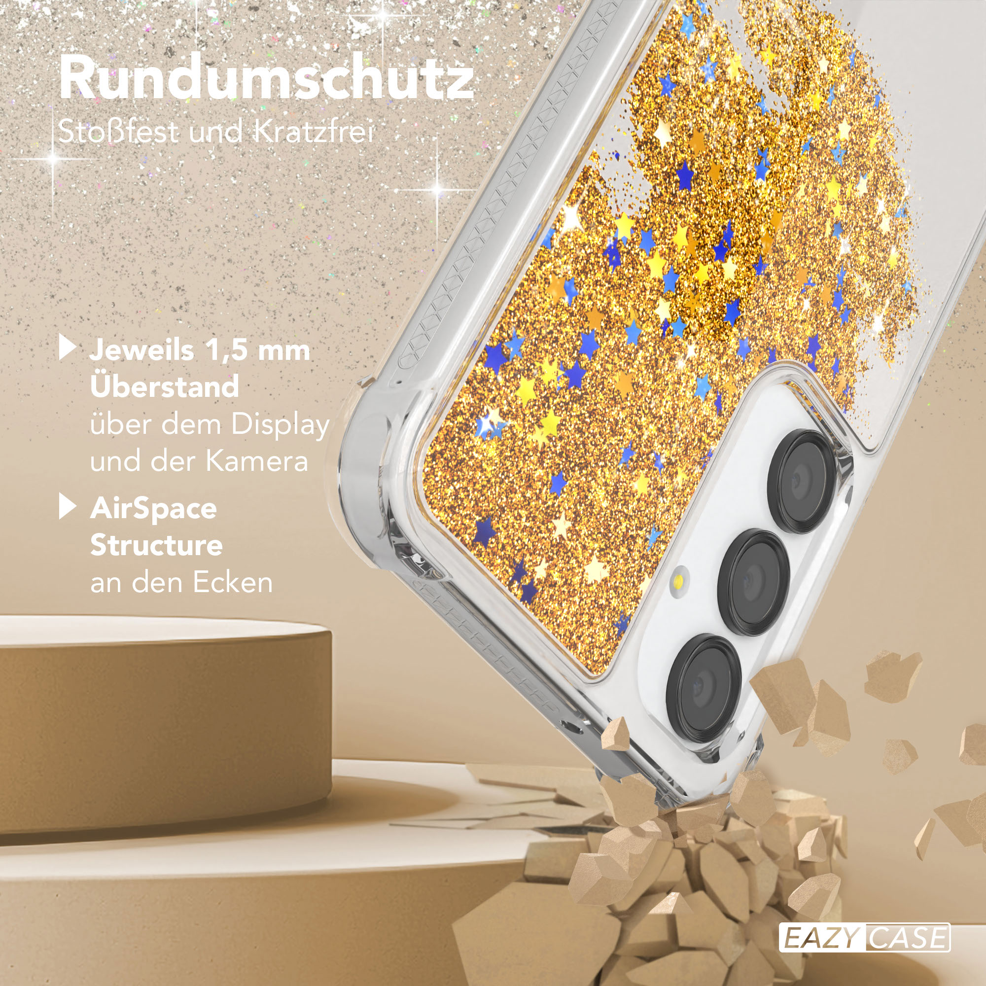 Nahaufnahme einer Handyhülle mit Glitzer und Sternendetails. Die Hülle ist beschädigt.