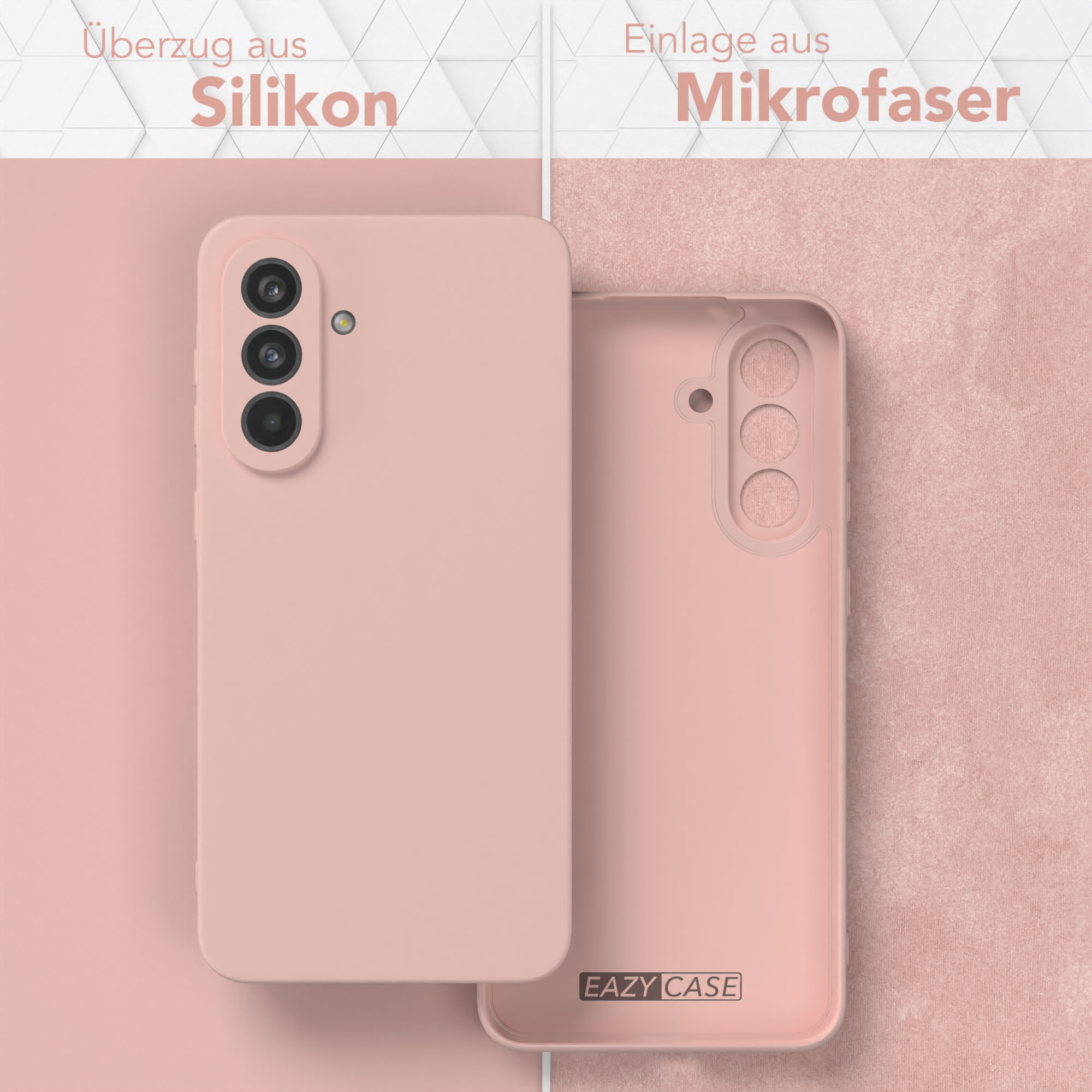 Rosa Handyhülle und ihr Innenteil, mit den Texten 'Silikon' und 'Mikrofaser' darüber.
