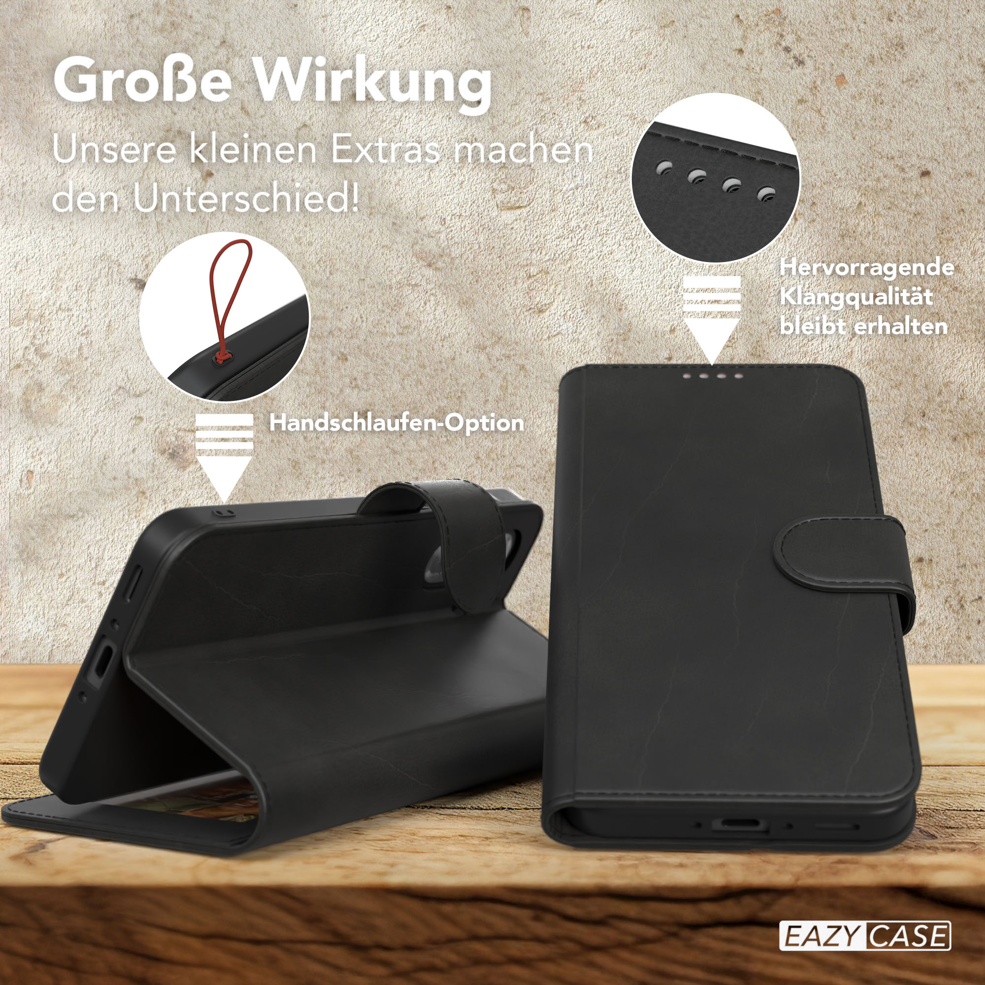 Schwarze Handyhülle, geöffnet, zeigt das Telefon und seine Eigenschaften. Der Hintergrund ist eine Holzoberfläche.