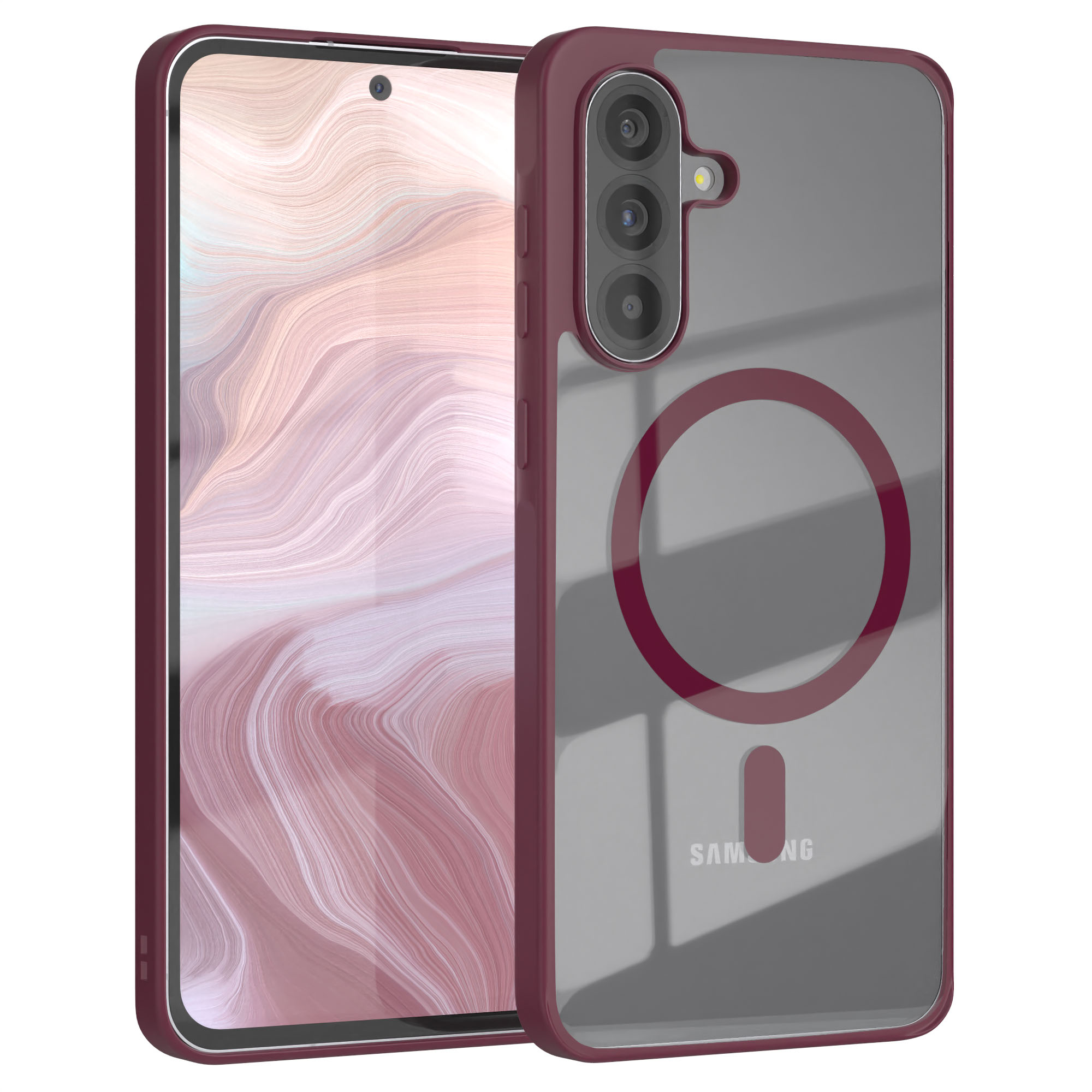 Telefonhülle in Rot. Eine transparente Hülle mit rotem Rand und magnetischem Kreis.