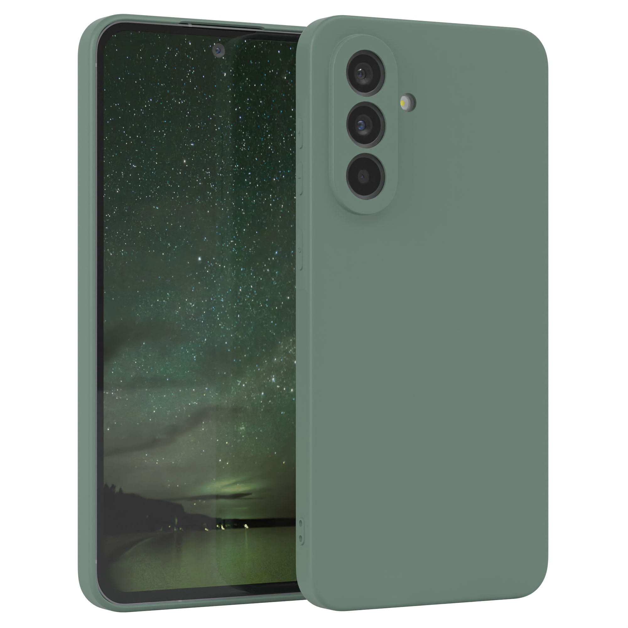 Ein grünes Telefon mit Kamera auf weißer Oberfläche, vor weißem Hintergrund.