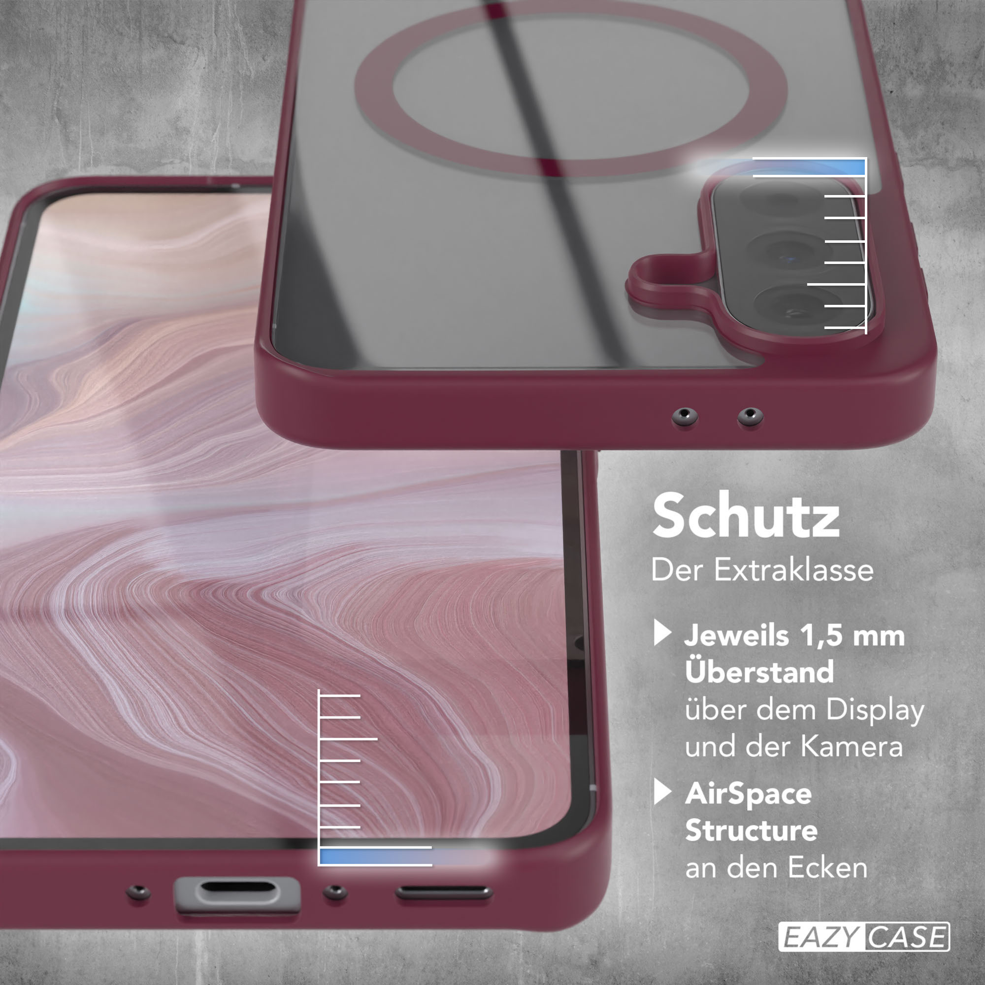 Handyhülle und Telefon. Deutsche Beschriftung. Rote Hülle mit Schutzeigenschaften.