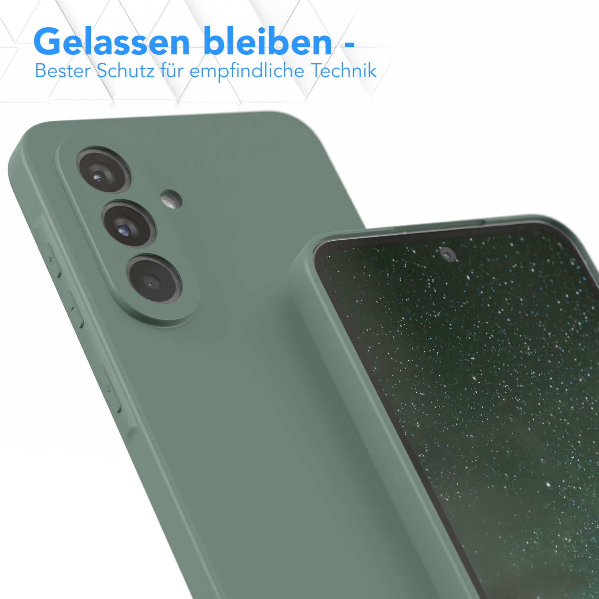 Eine grüne Handyhülle und ein Handy. Text lautet: 'Entspannt bleiben - Bester Schutz'.