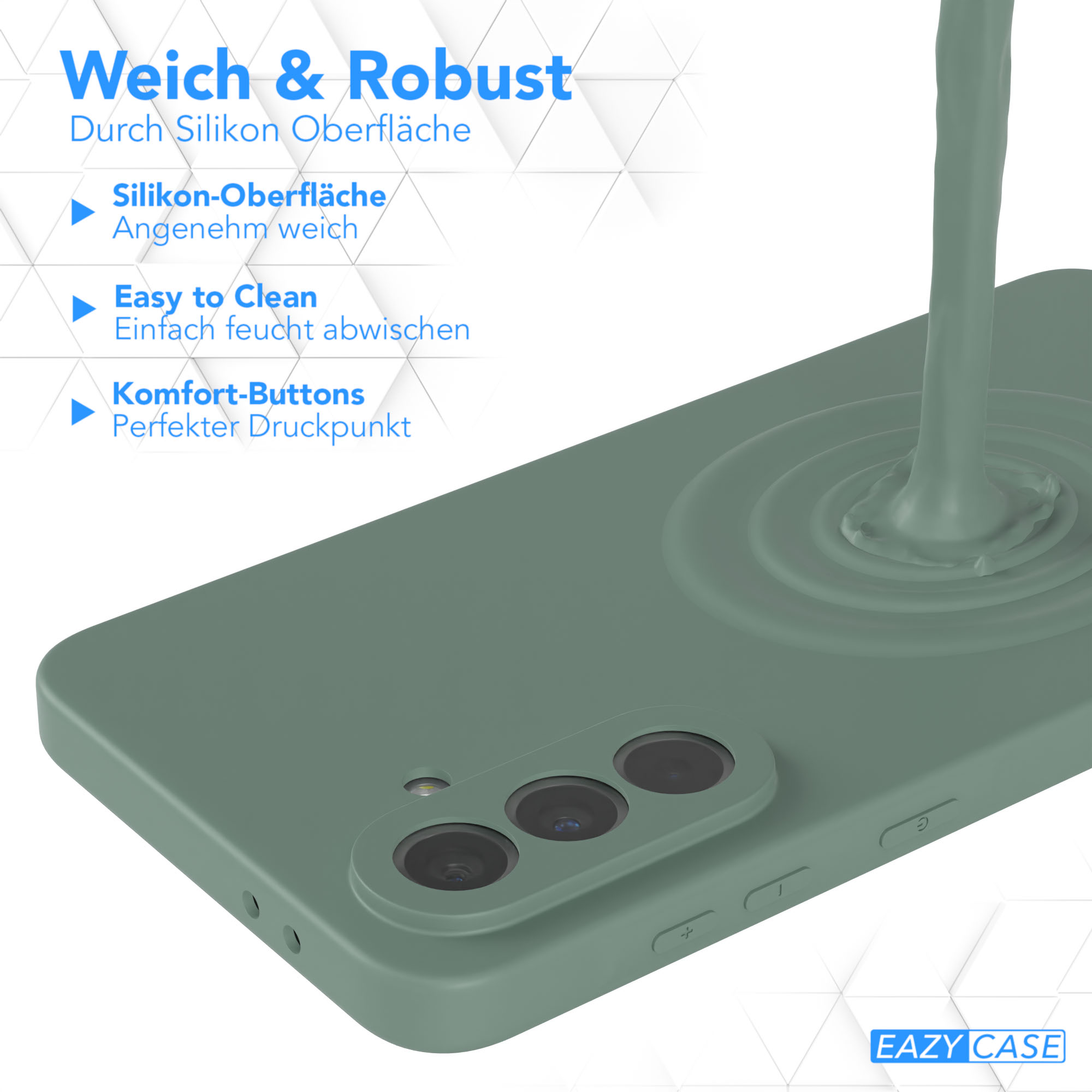 Nahaufnahme einer grünen Handyhülle mit einem Flüssigkeitsspritzer und einer Telefon-Silhouette.