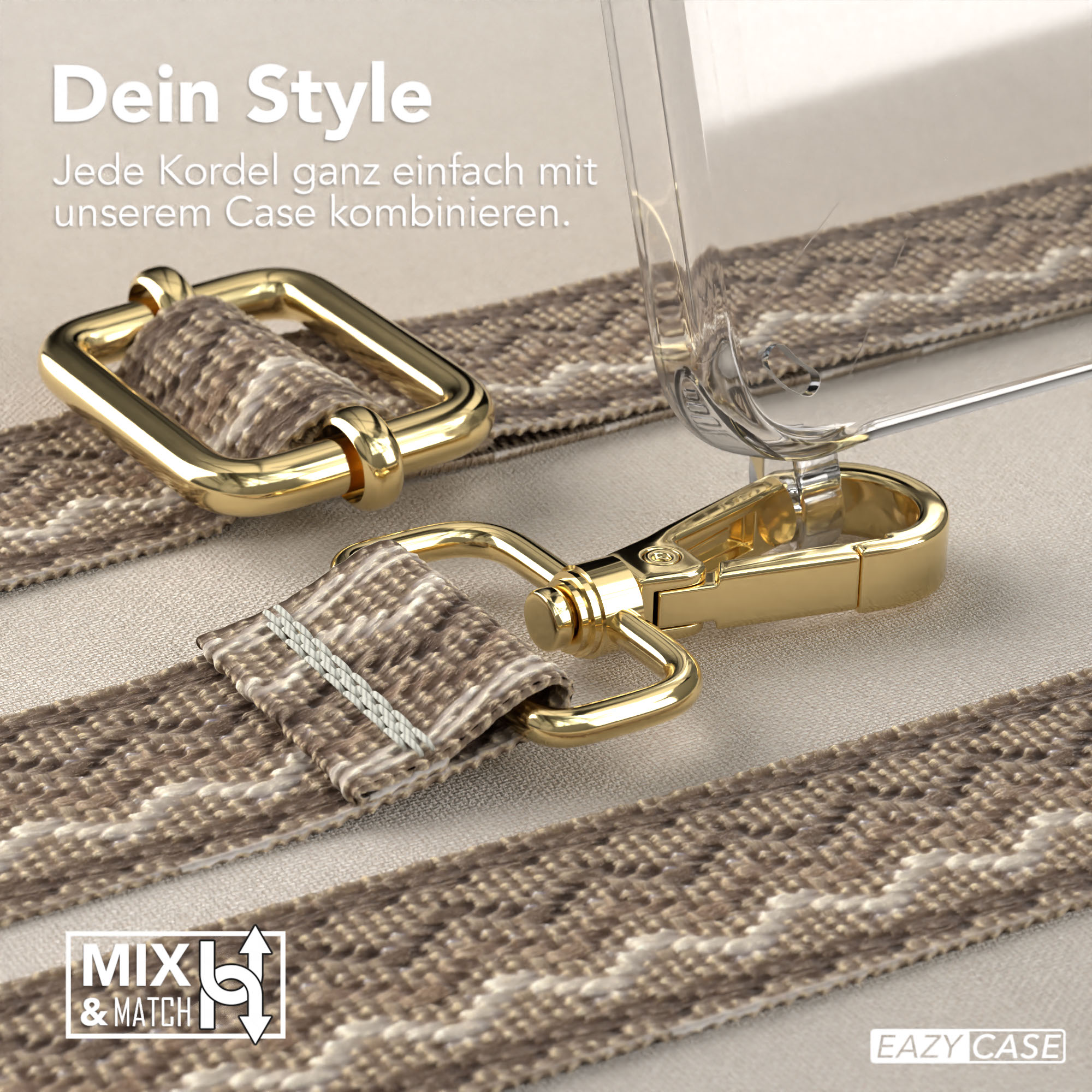 Eine Handyhülle mit dekorativem Riemen und goldenen Beschlägen. Der Text lautet „Mix & Match“.