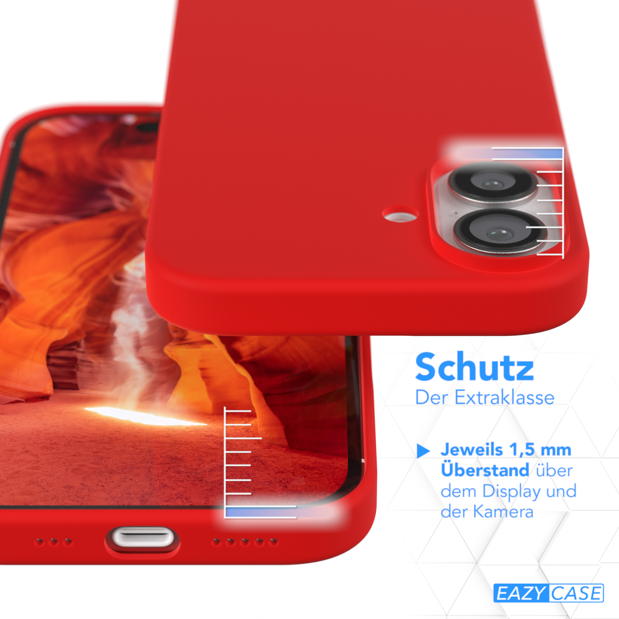Rote Handyhülle und Telefon. Nahaufnahme des Kamerabereichs, Messung der Bildschirmhöhe.