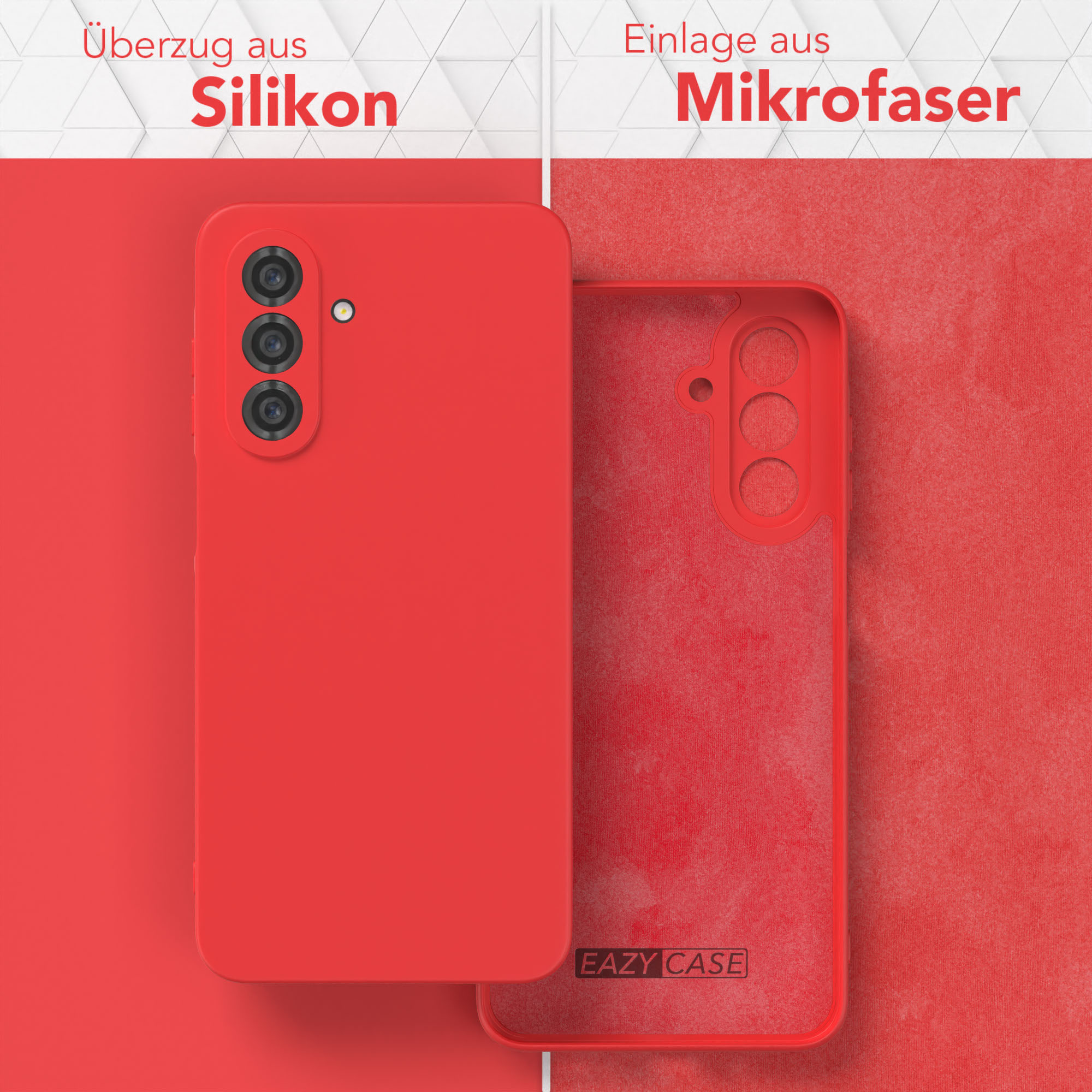 Rote Handyhülle, Silikon außen, Mikrofaser innen. Hülle und Innenraum separat gezeigt.