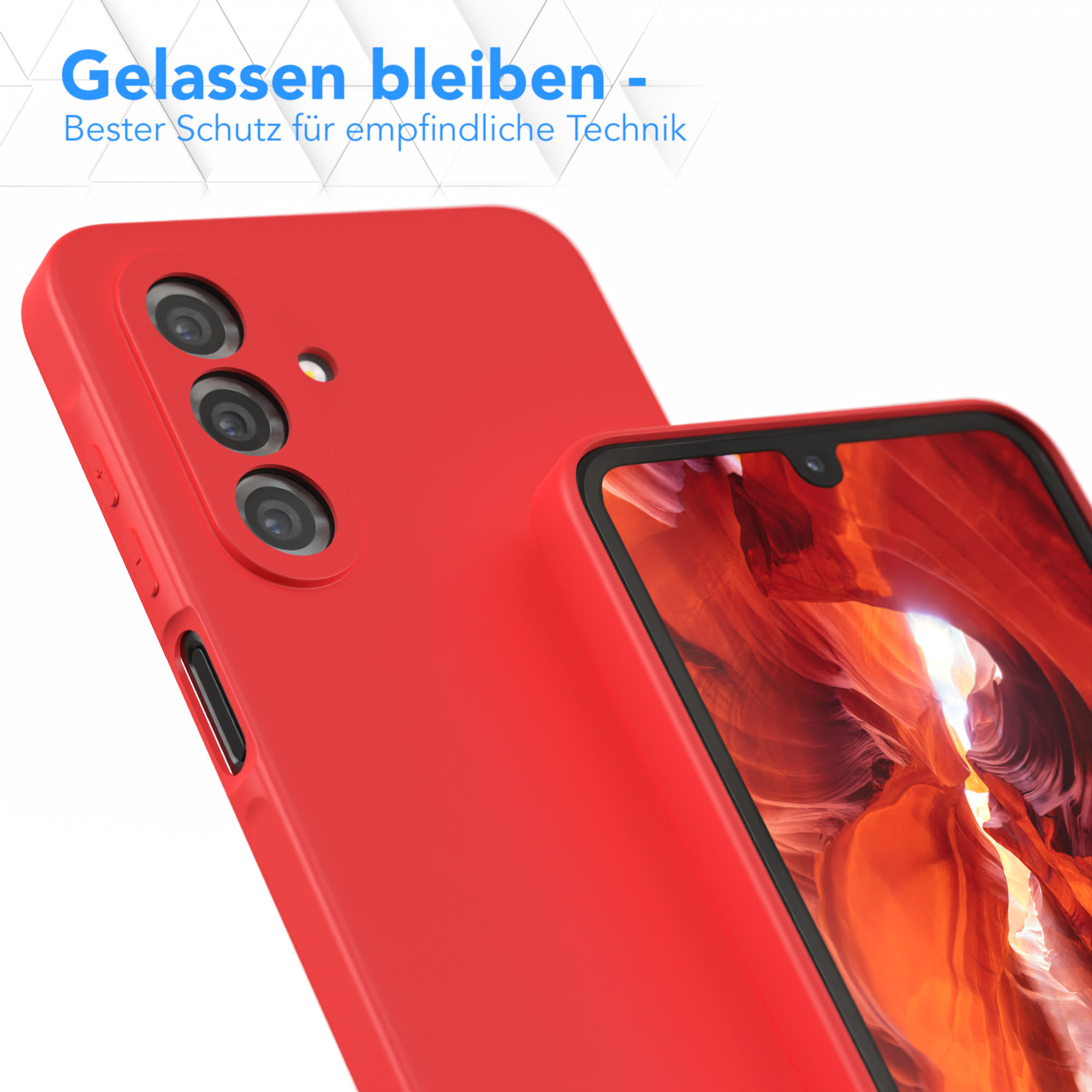 Rote Handyhülle auf einem Telefon. Das Telefon hat eine Kamera. Der Hintergrund ist weiß.