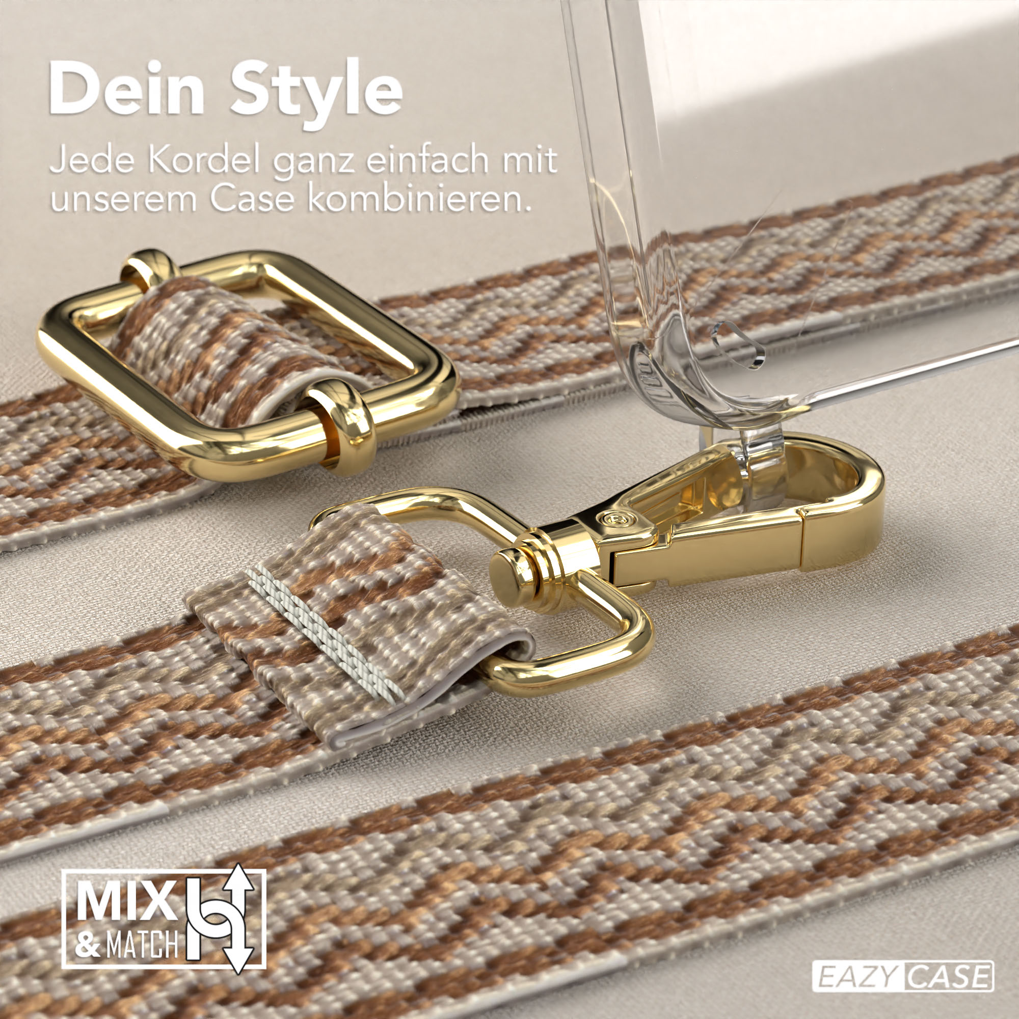 Nahaufnahme einer Handyhülle und eines Riemens. Goldener Verschluss und braun gemusterter Riemen.