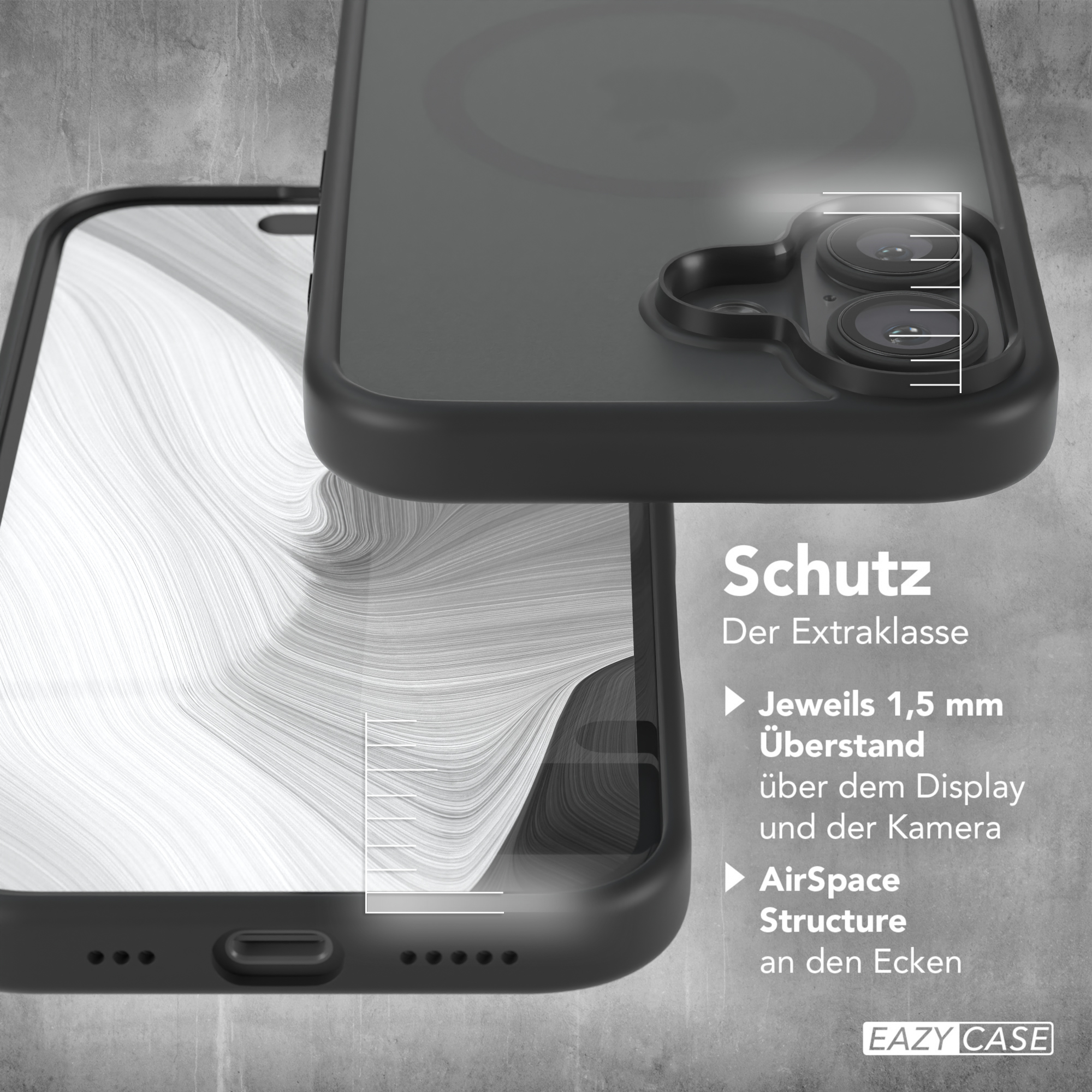 Nahaufnahme der Handyhülle mit Kameradetail, Text zum Schutz und einem Eazy Case-Logo.