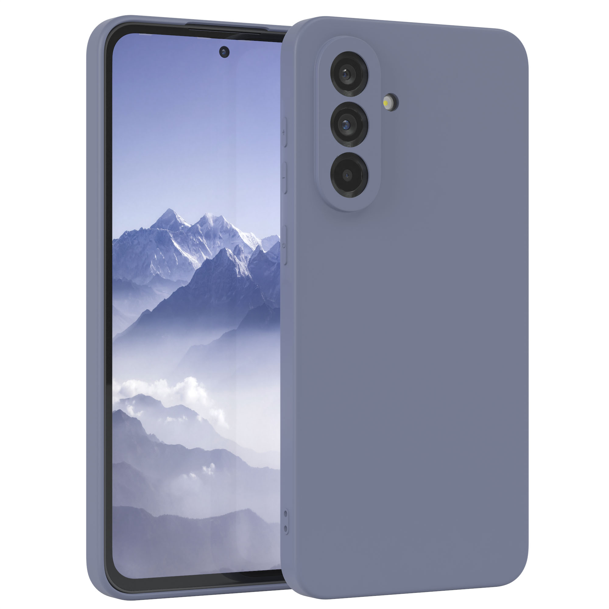 Blaues Telefon in einer Schutzhülle. Das Telefon hat einen Bildschirm und drei Kameralinsen.