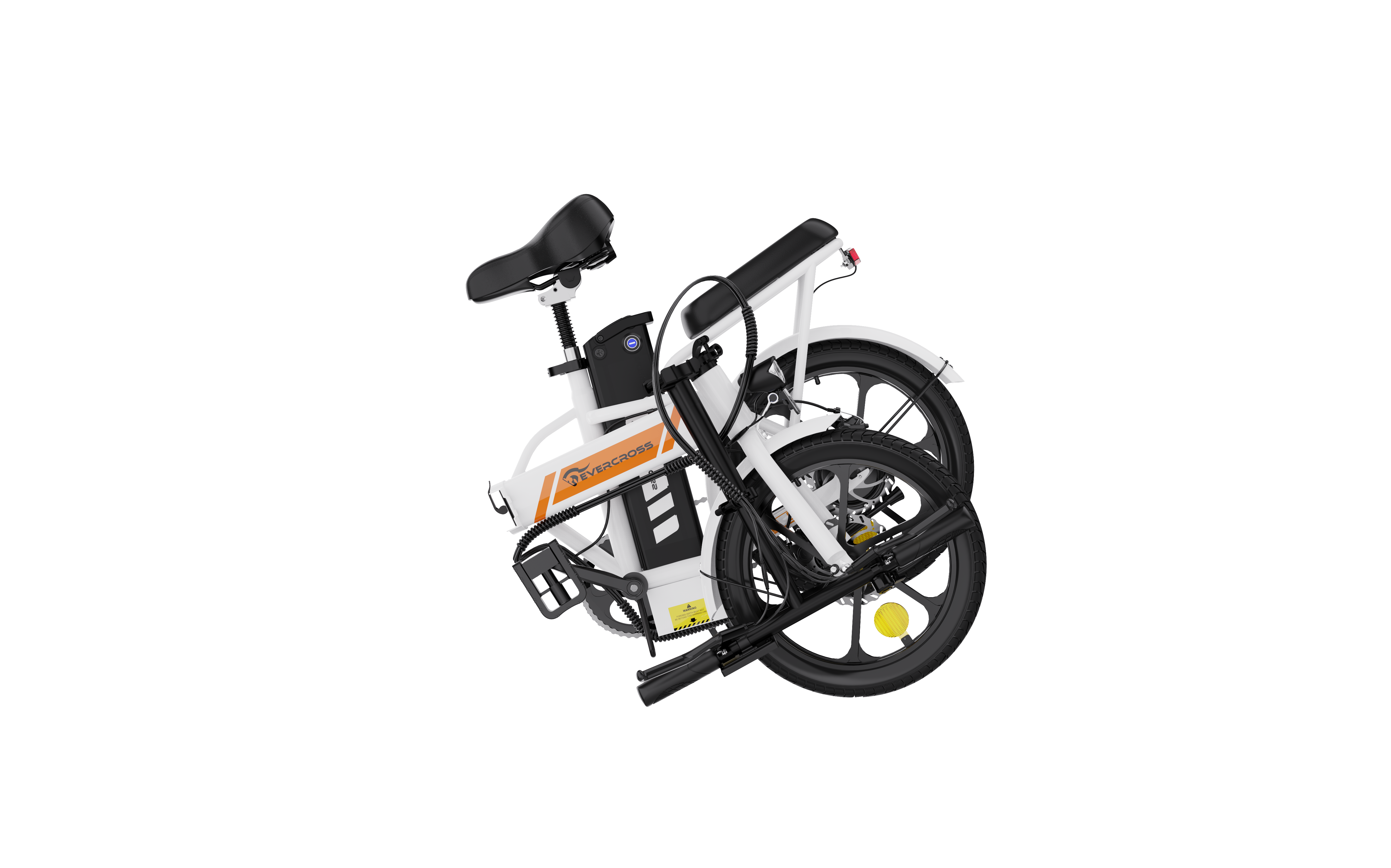 Złożony biały rower elektryczny na czarnym tle. Widoczne pomarańczowe akcenty i logo Evercross.