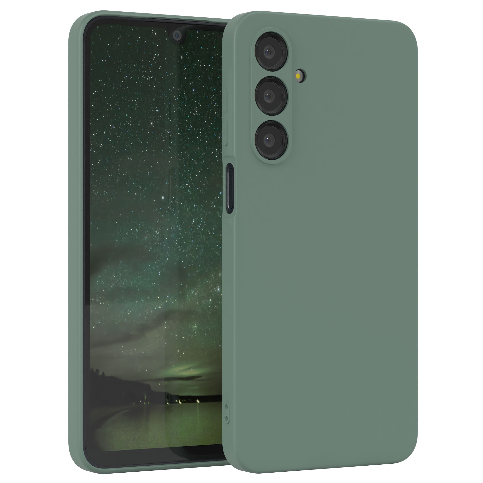 Grünes Telefon auf weißem Hintergrund, zeigt drei Rückkameras.