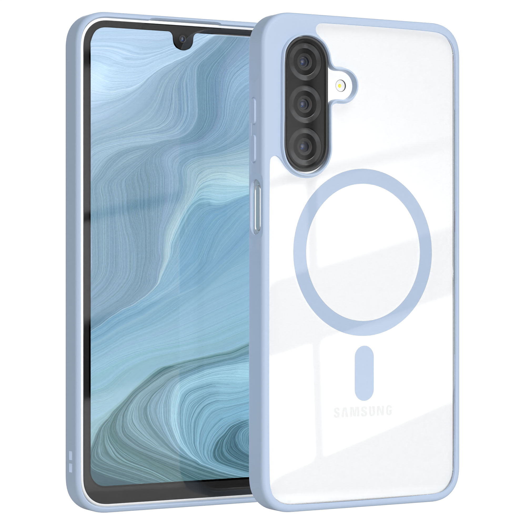 Blaues Telefon mit klarer Hülle. Die Hülle hat einen Magnetkreis auf der Rückseite.