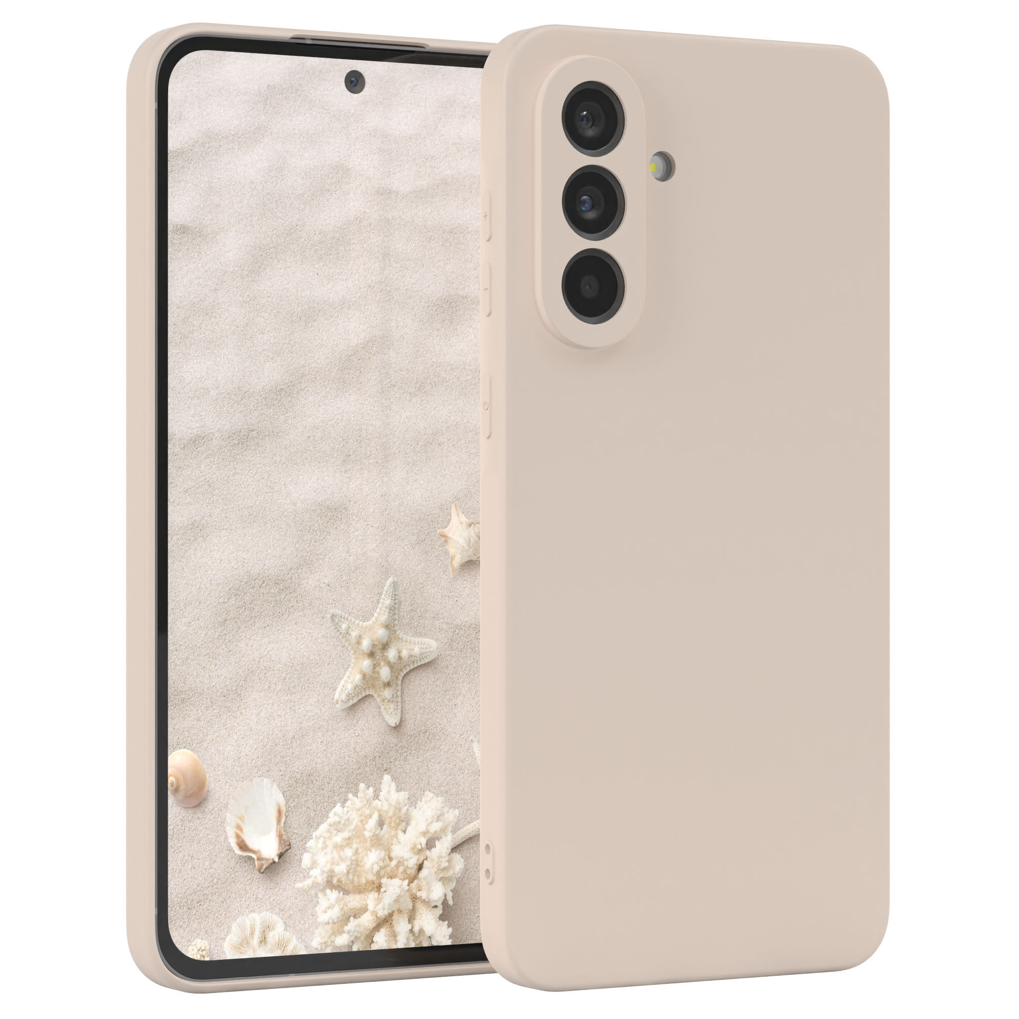 Ein Smartphone mit hellpfirsichfarbener Hülle auf weißem Hintergrund, zeigt eine Strandszene auf dem Bildschirm.