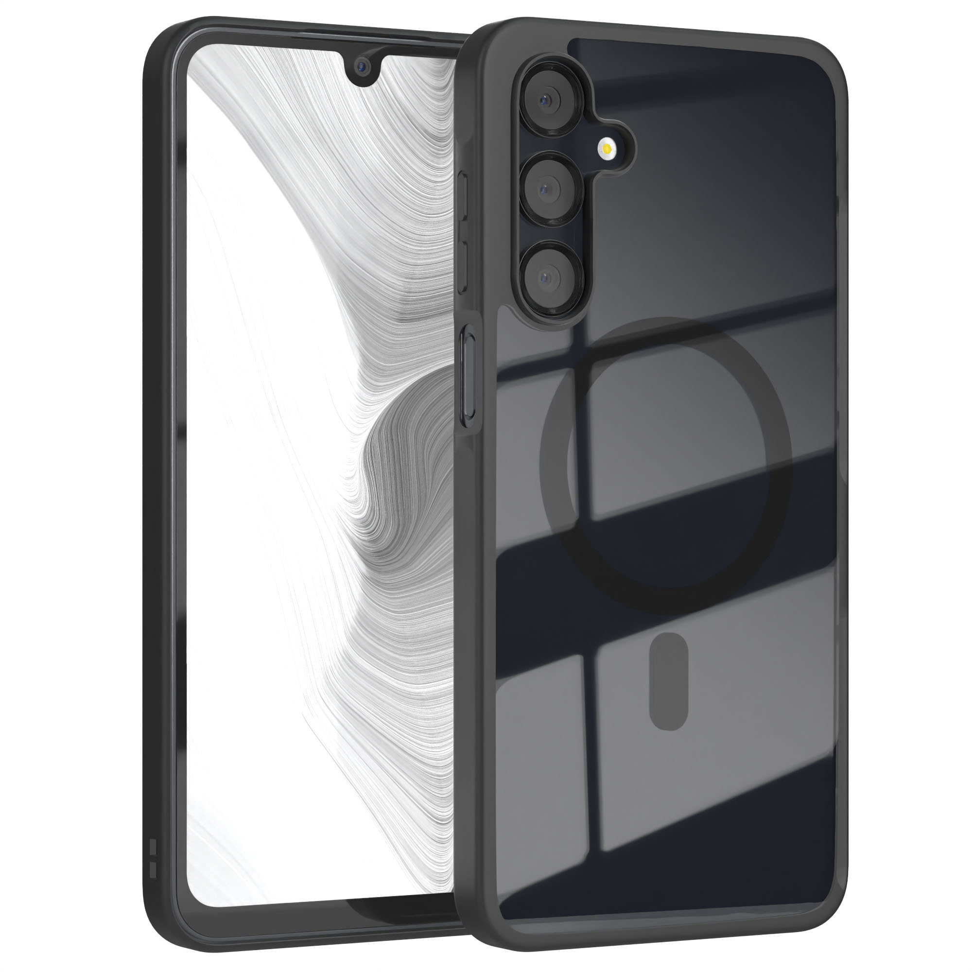 Schwarze Handyhülle mit schwarzem Telefon.