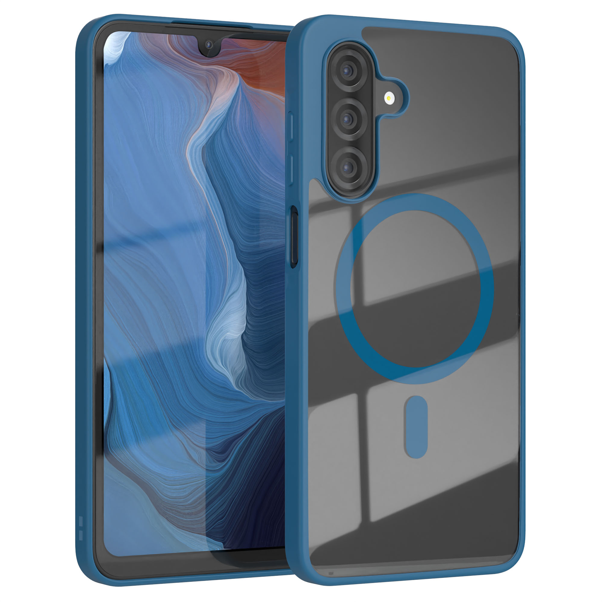 Blaues Smartphone in einer durchsichtigen Hülle, das eine blaue Oberfläche zeigt. Das Telefon ist vor weißem Hintergrund.