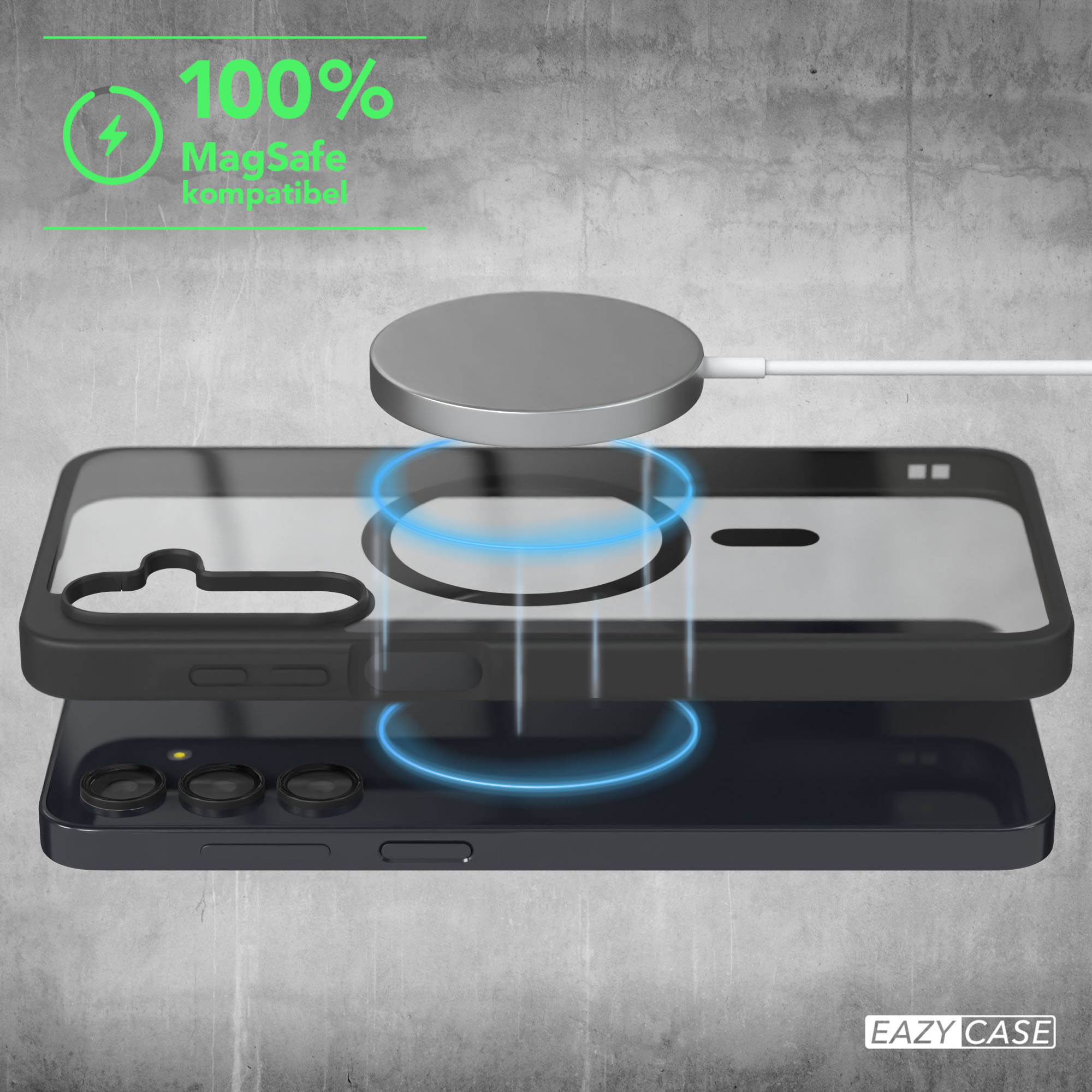 Telefonhülle mit MagSafe-Kompatibilität. Die Hülle ist transparent und zeigt das Telefon.