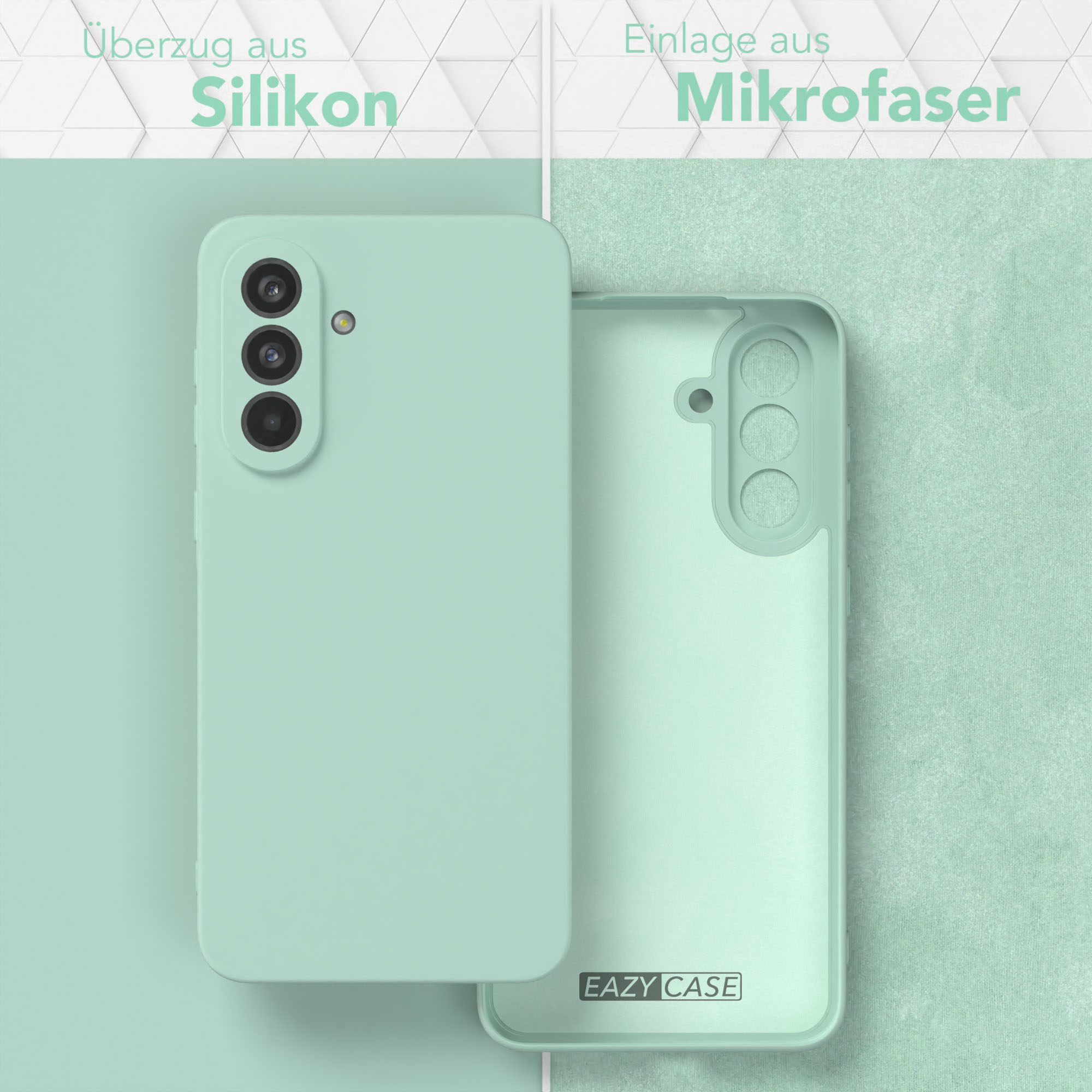 Mintgrüne Handyhülle mit Telefon, und mintgrünem Hintergrund.