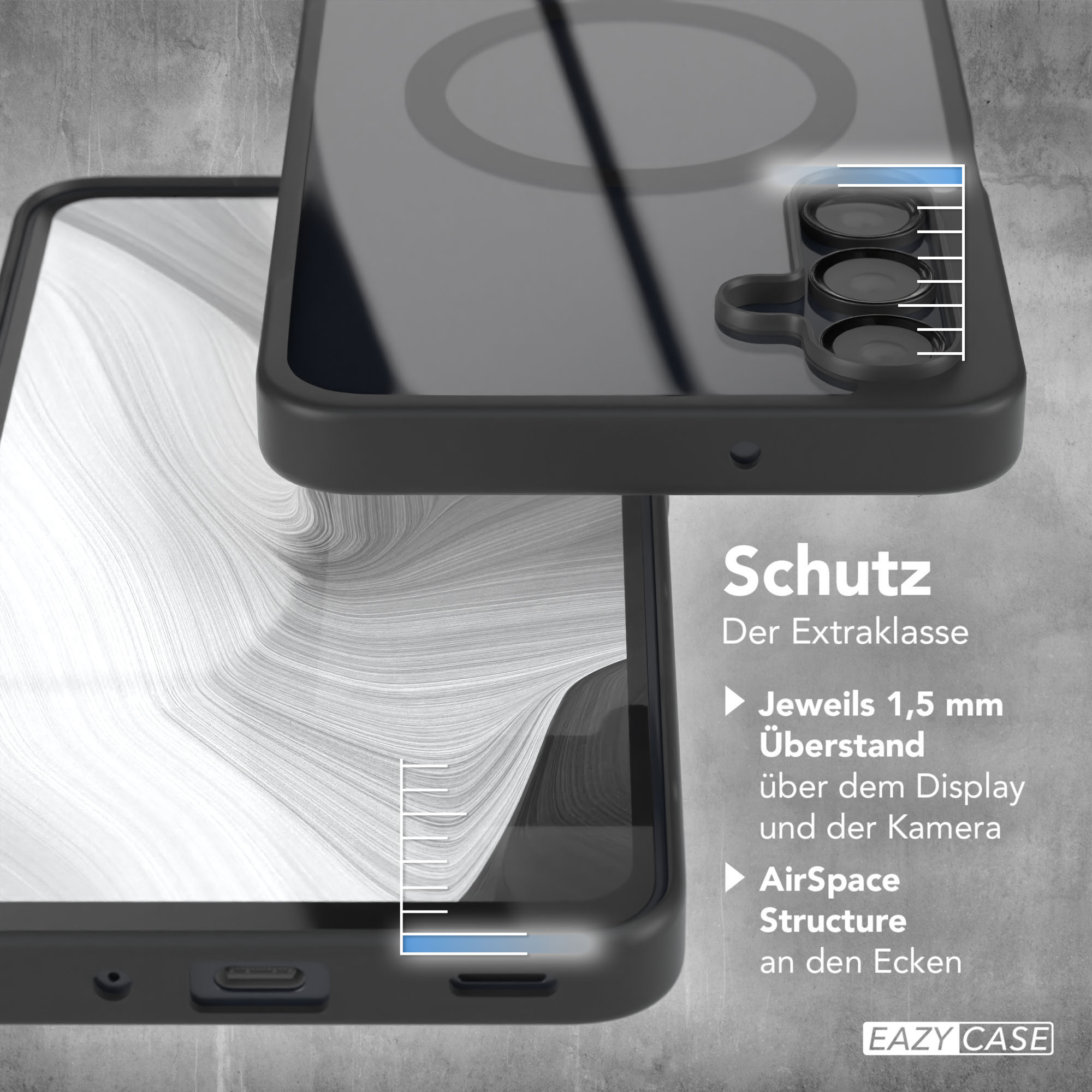 Eine schwarze Handyhülle mit Schutzrahmen, mit Text, der zusätzlichen Schutz und Struktur angibt.
