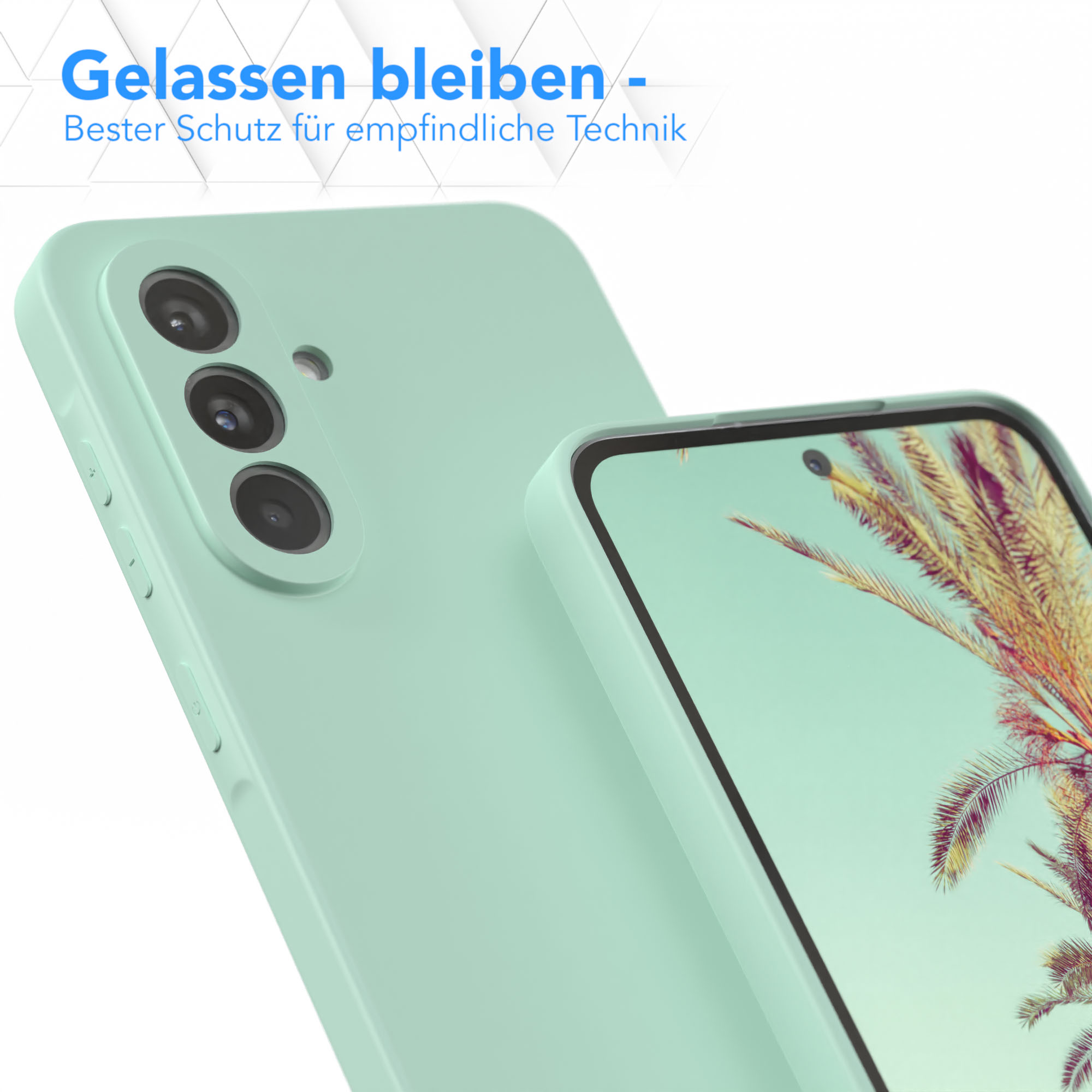 Eine mintgrüne Handyhülle und ein Telefon. Das Telefon hat eine Kamera und liegt auf einer weißen Oberfläche.